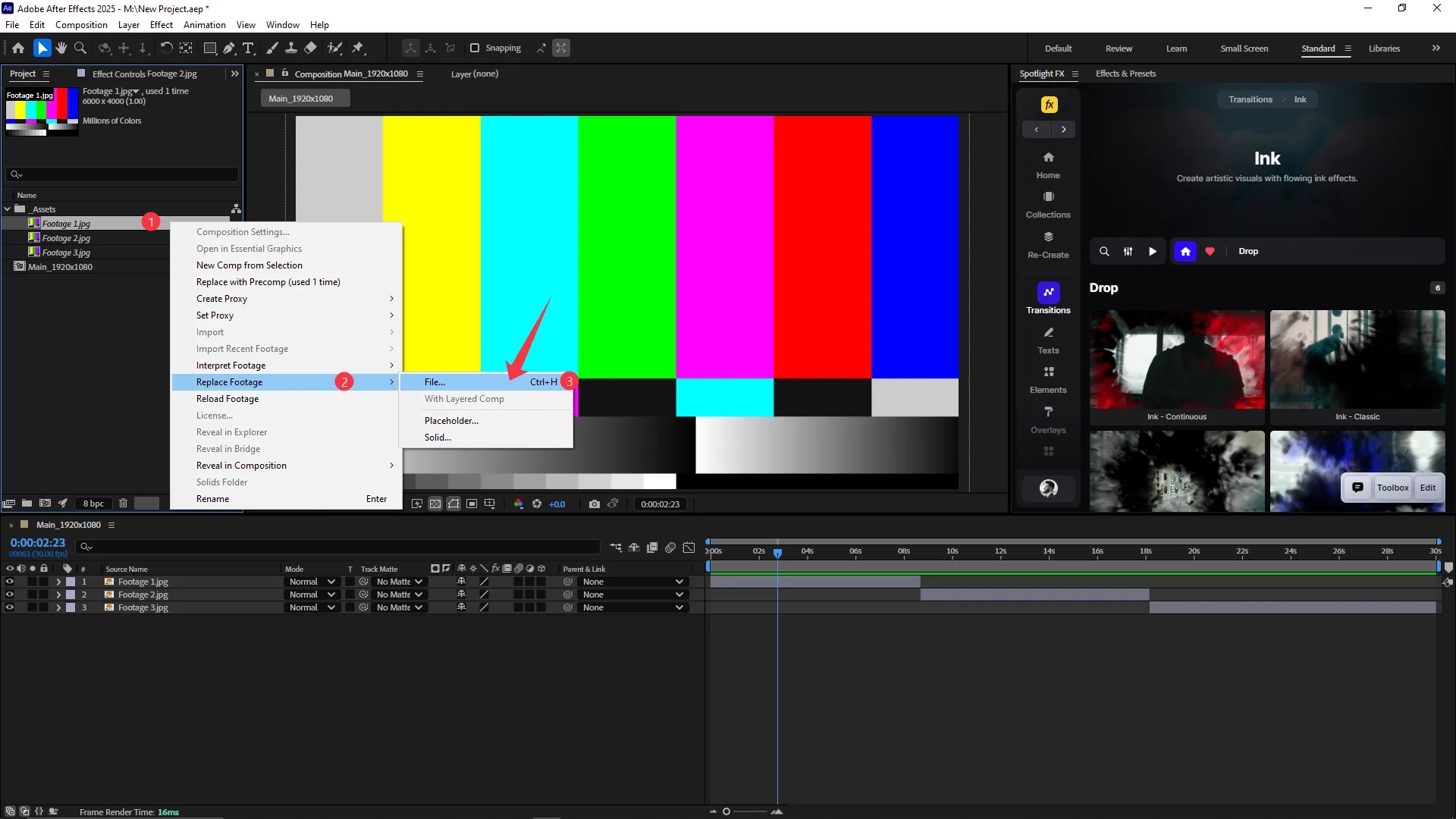 Adobe After Effects interface with the Project panel showing a right-click context menu on a missing image file, highlighting the "Replace Footage" option and its submenu with "File" selected.