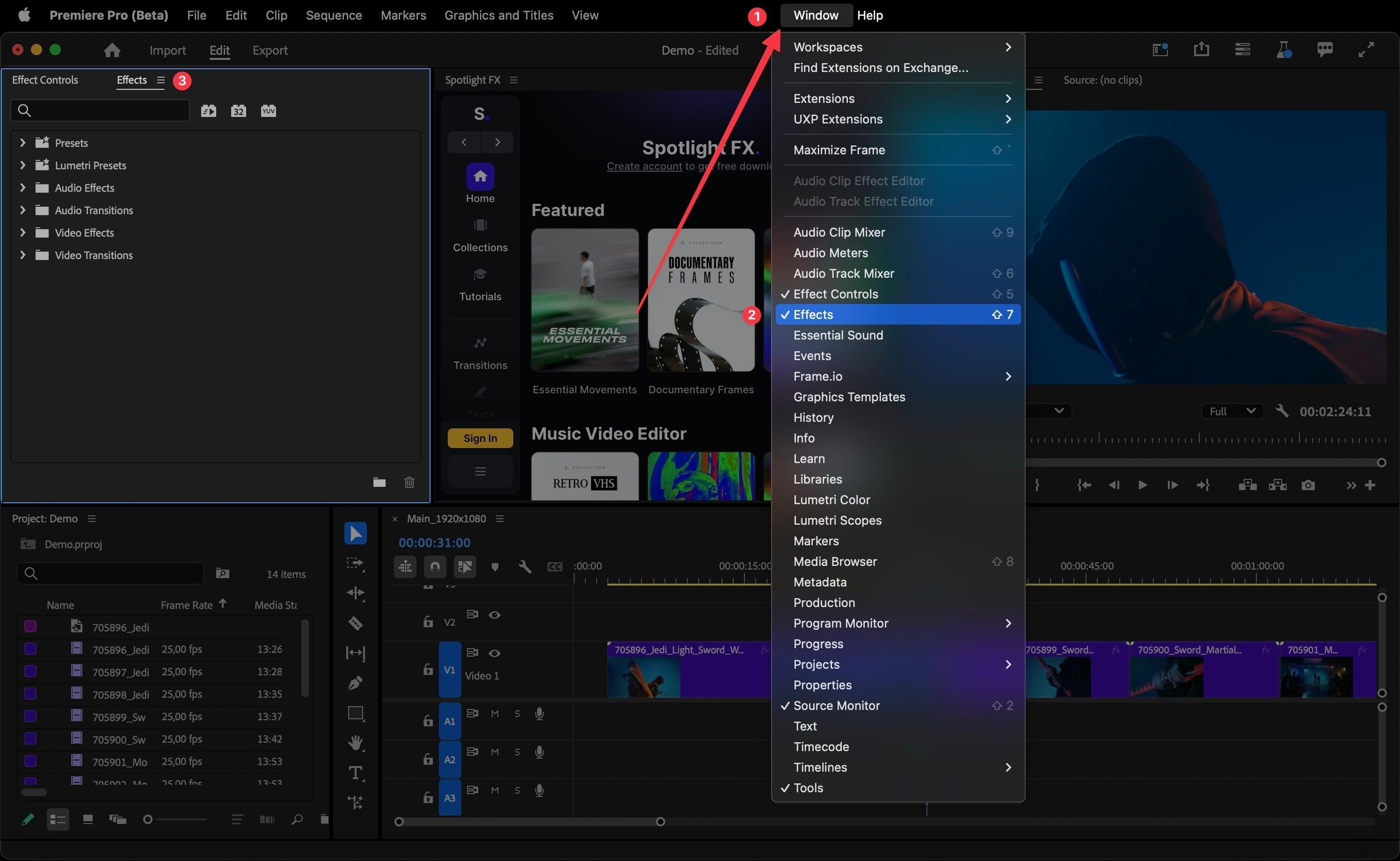 Opening the Effects panel in Premiere Pro