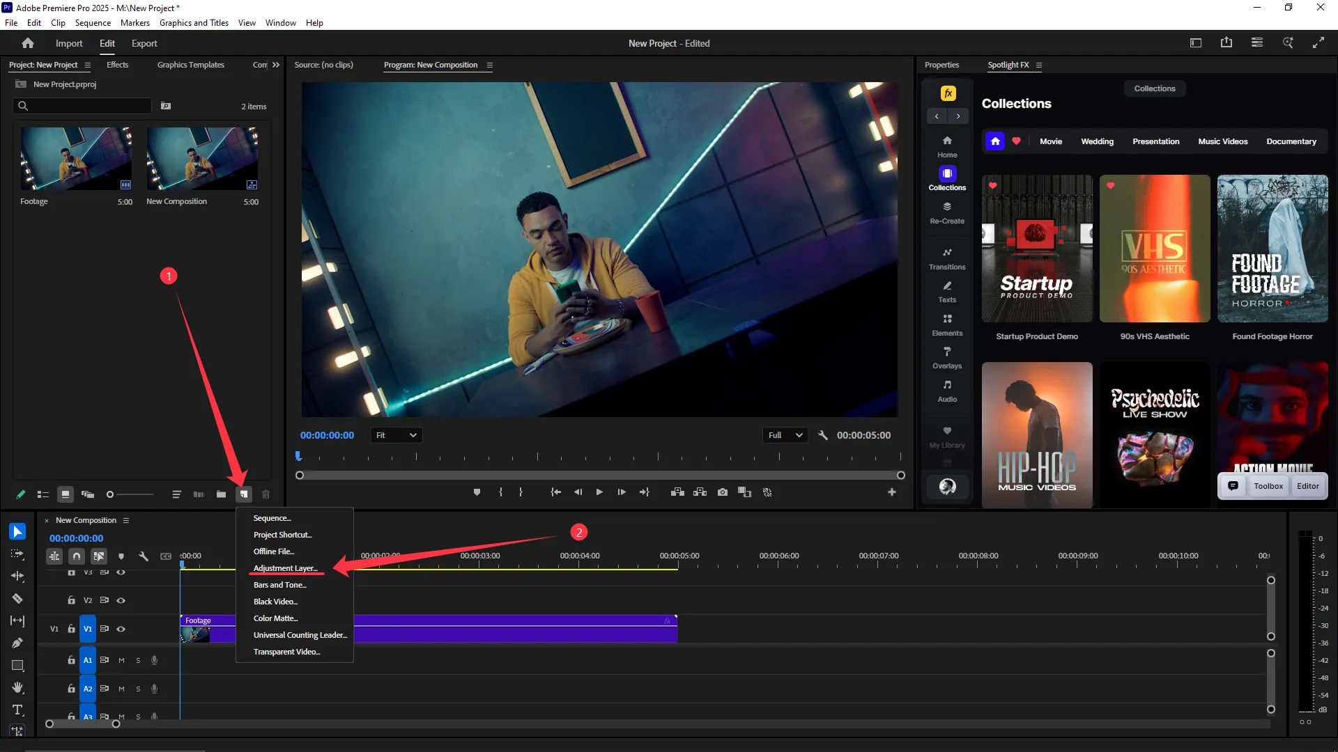 The Project panel in Premiere Pro is open with the New Item icon clicked, showing a dropdown menu where "Adjustment Layer" is highlighted. The timeline below contains a video clip on track V1.