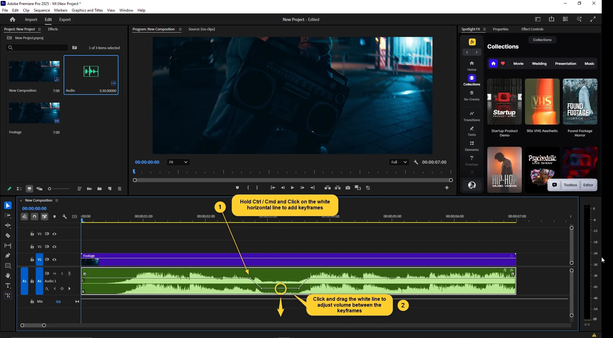 Keyframes are added to the white horizontal line on the audio track in the timeline to adjust volume levels dynamically in Adobe Premiere Pro.