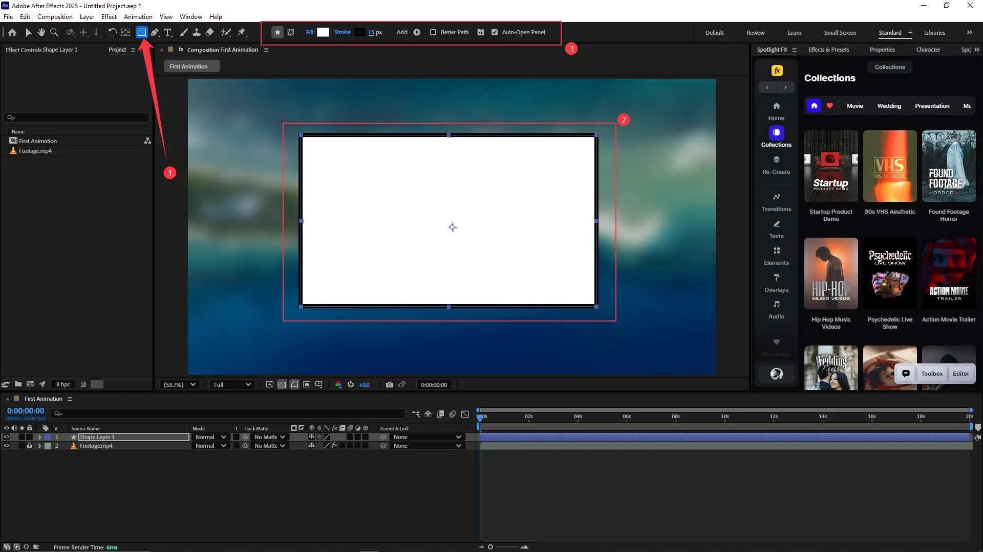 Rectangle tool selected from the toolbar with a white shape layer added to the composition and stroke settings visible in the top options bar