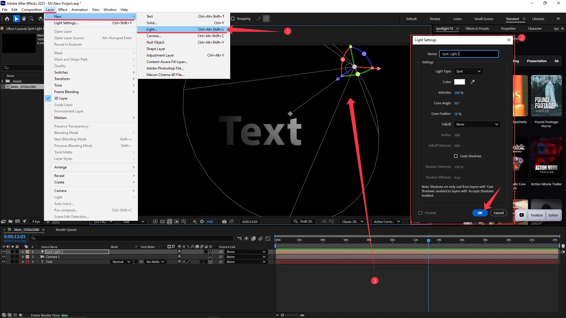 Layer menu open with Light option selected, Light Settings dialog box visible, and a spotlight affecting the 3D text layer in the Composition panel.