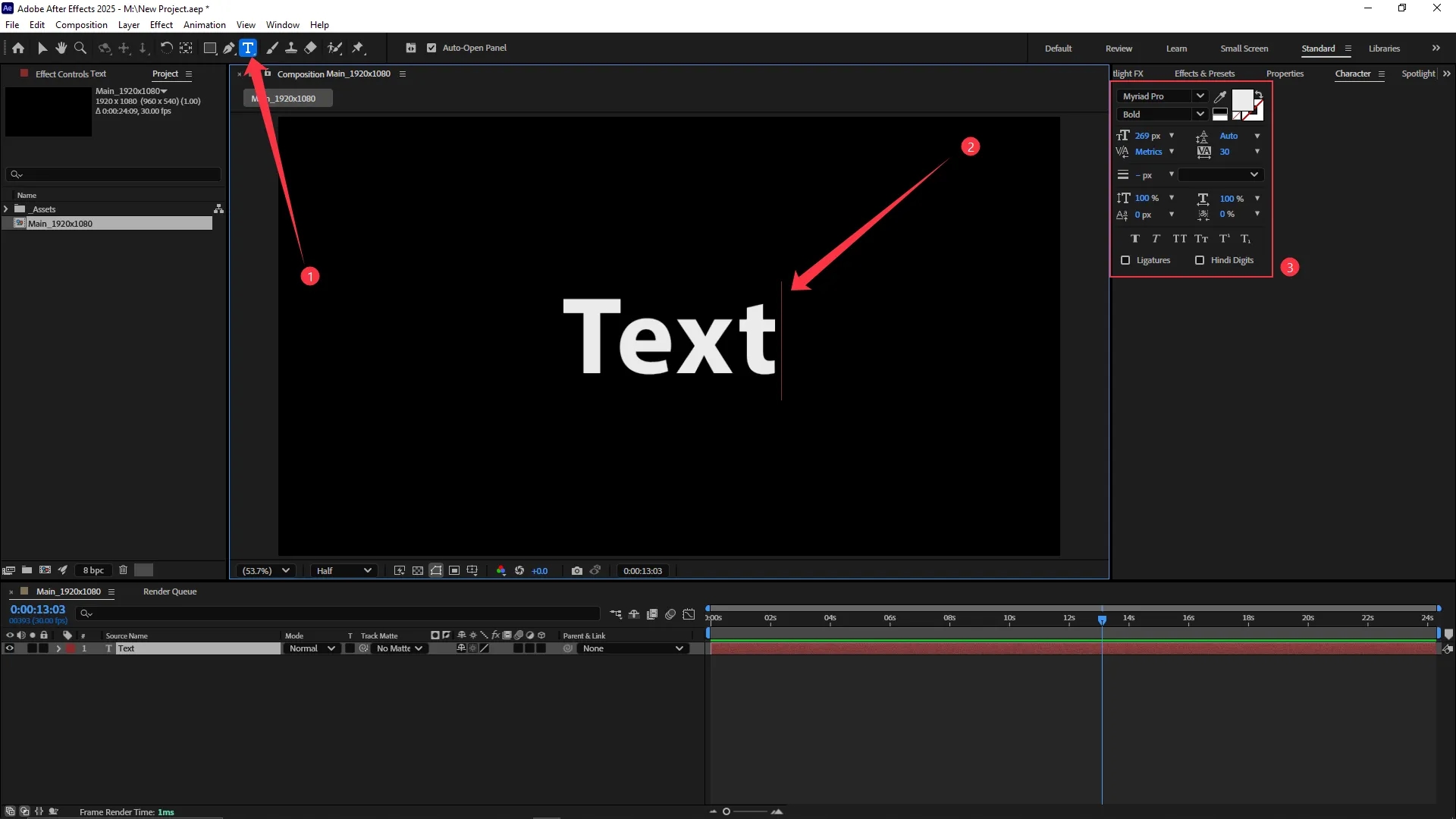 Text tool selected in the top toolbar, white text layer reading "Text" added to the Composition panel, and Character panel open with font settings visible.