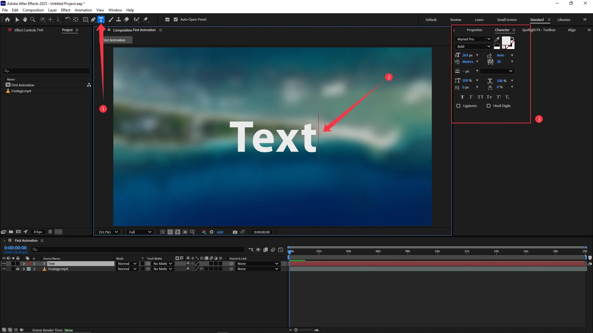 Text tool selected from the toolbar with text layer added to the composition and character settings panel visible for font customization