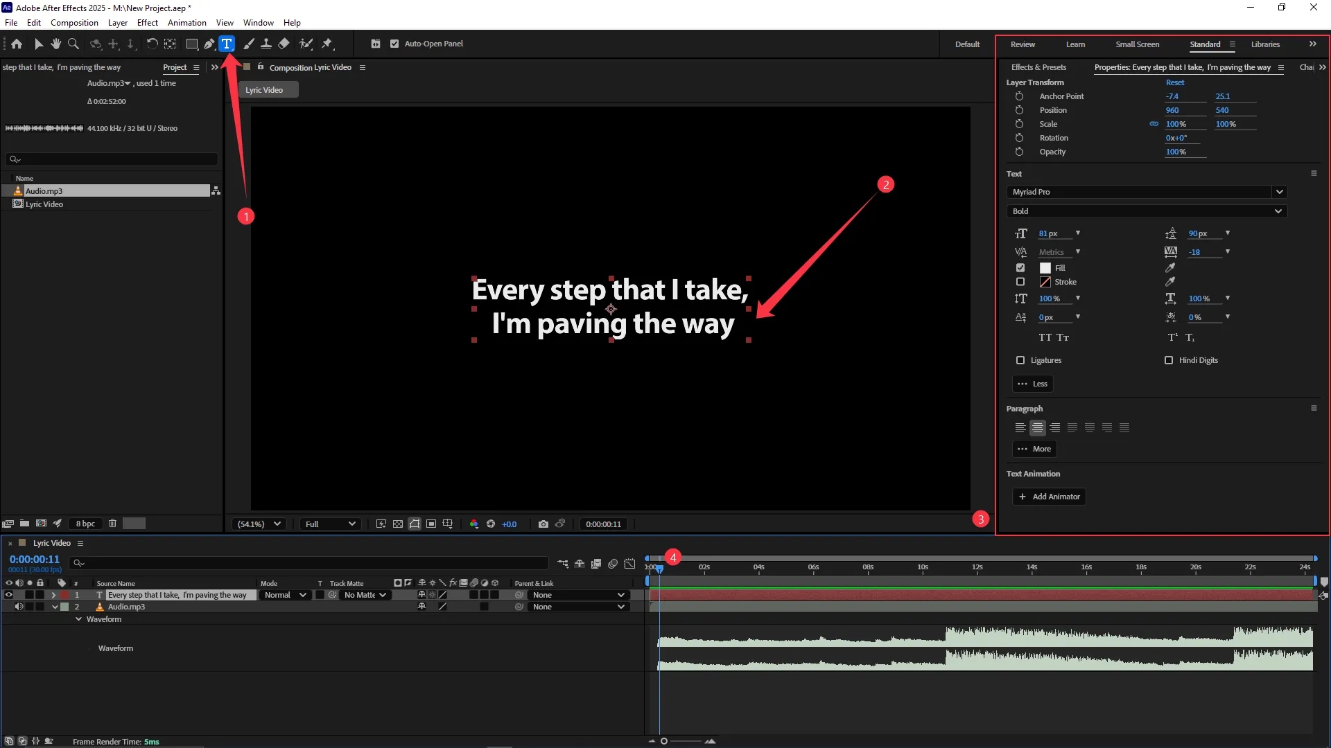 After Effects interface with the Type Tool selected, a text layer displaying lyrics added to the composition, and the Character and Paragraph panels open for text formatting on the right side.
