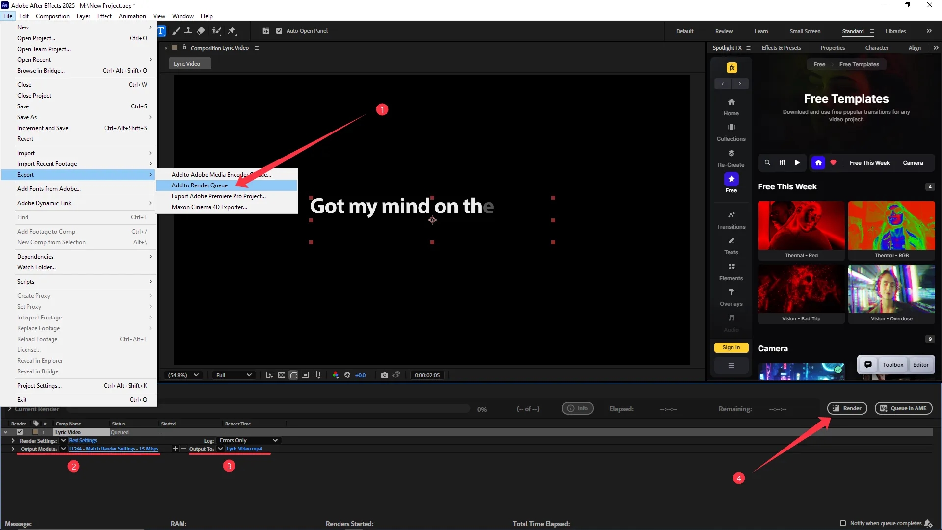 After Effects interface with the File menu open and "Add to Render Queue" selected, showing the Render Queue panel at the bottom with output settings and a queued lyric video ready to render.