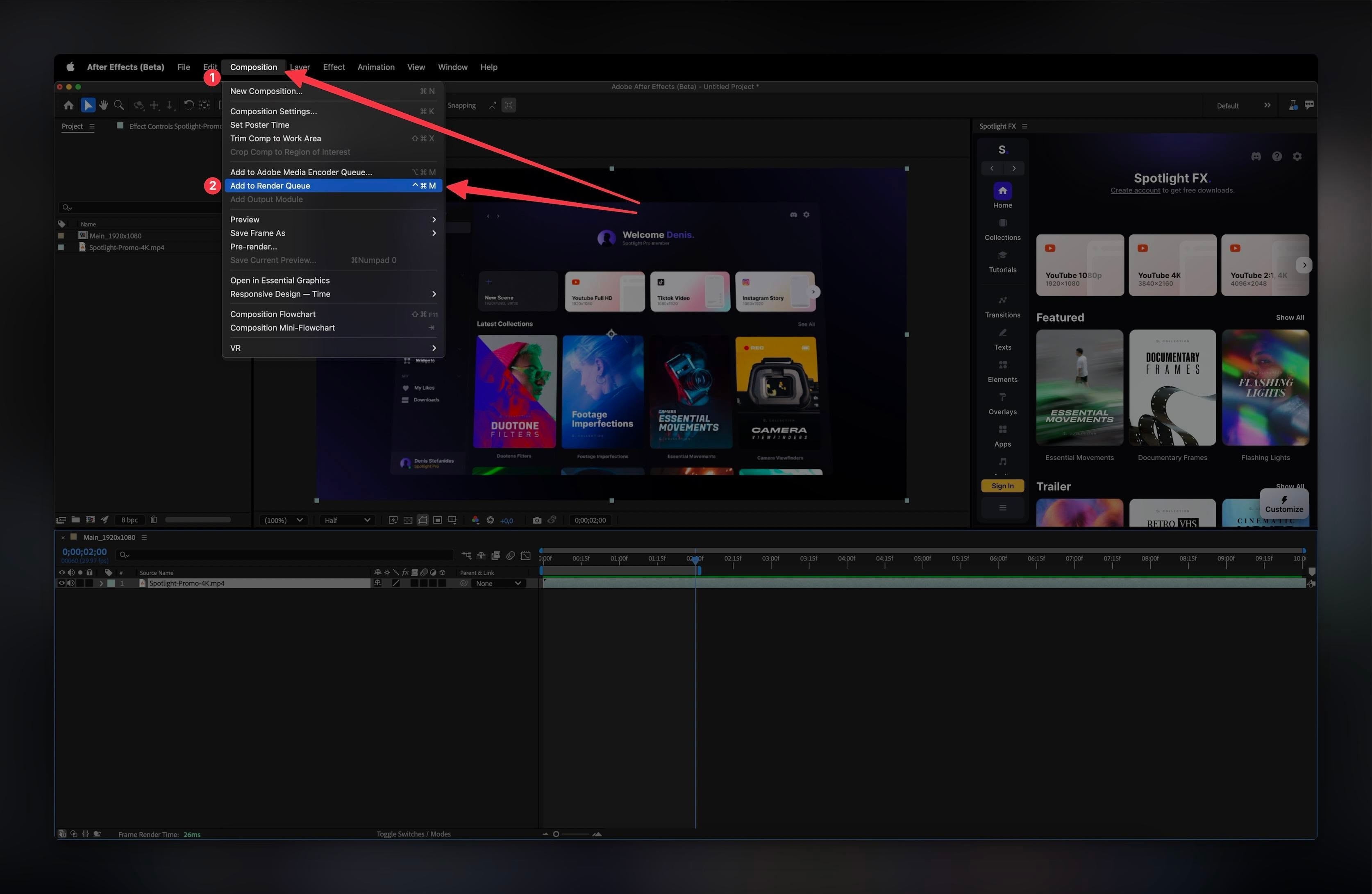 Adding a composition to the Render Queue