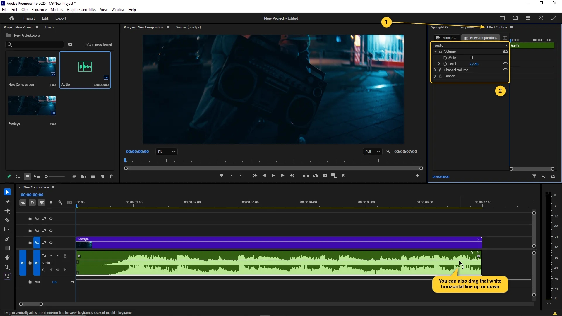 Effect Controls panel is open showing audio volume settings, and the white horizontal line on the audio track in the timeline is being adjusted to change volume level.