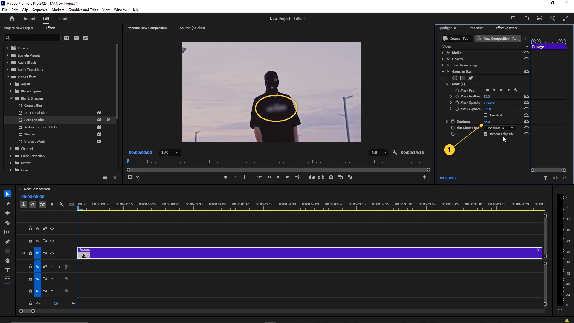 Gaussian Blur settings in the Effect Controls panel with increased blurriness applied inside a circular mask on the video preview.