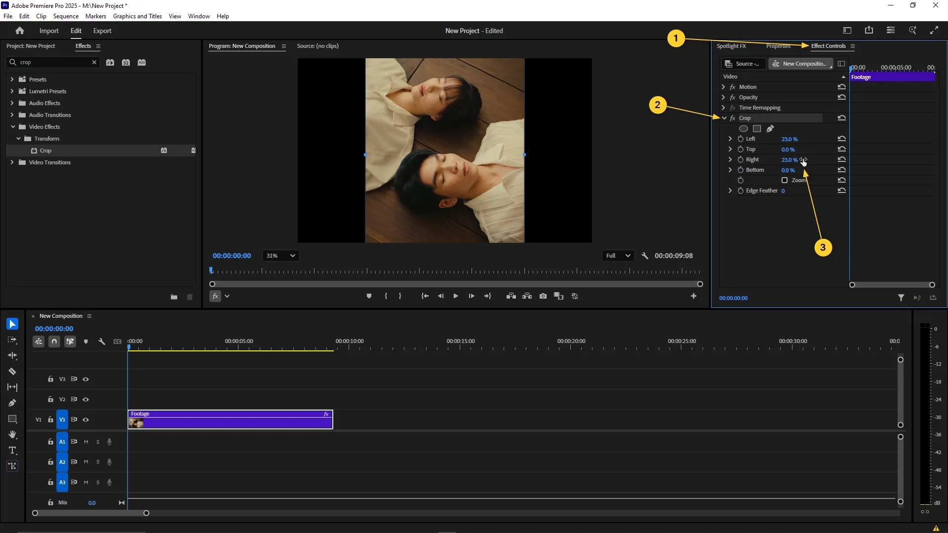 Premiere Pro interface with the Effect Controls panel open showing Crop effect settings adjusted for left and right values on a selected video clip