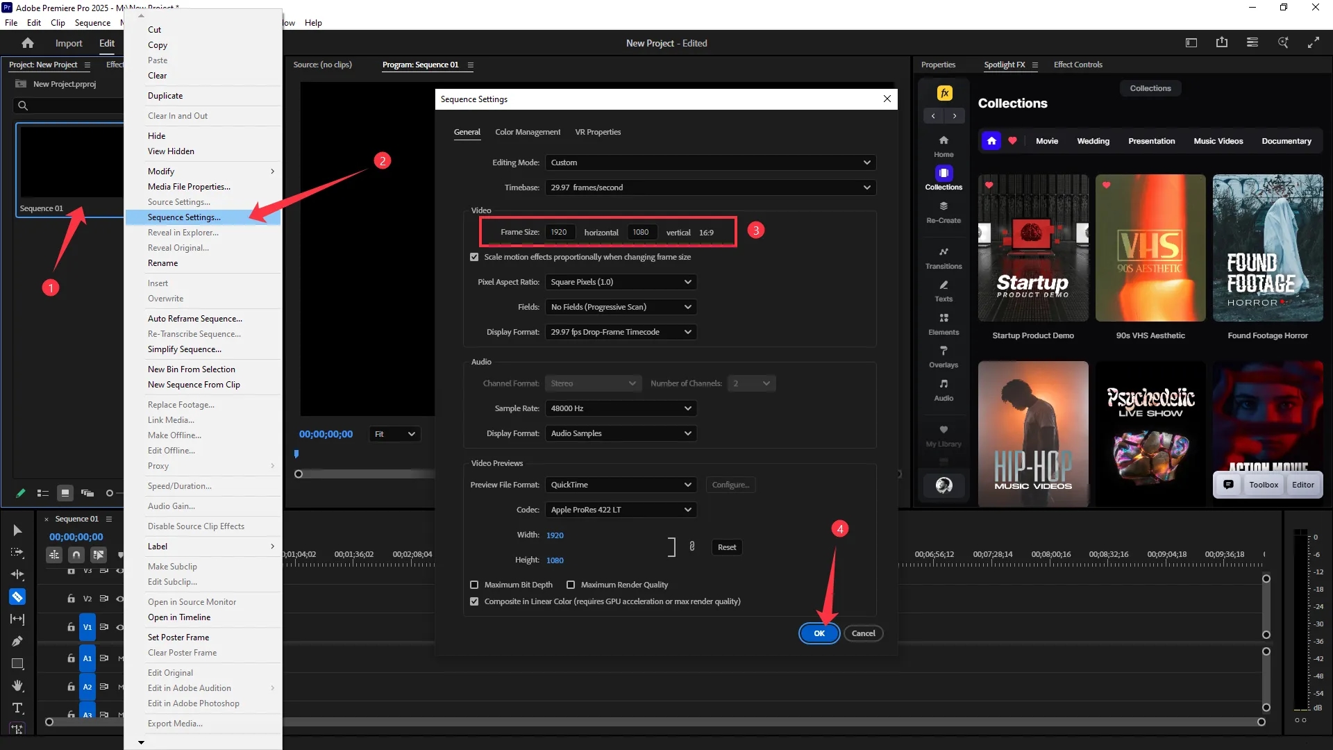 Sequence context menu opened with Sequence Settings selected, Sequence Settings window showing frame size set to 1920 by 1080 under the Video section.