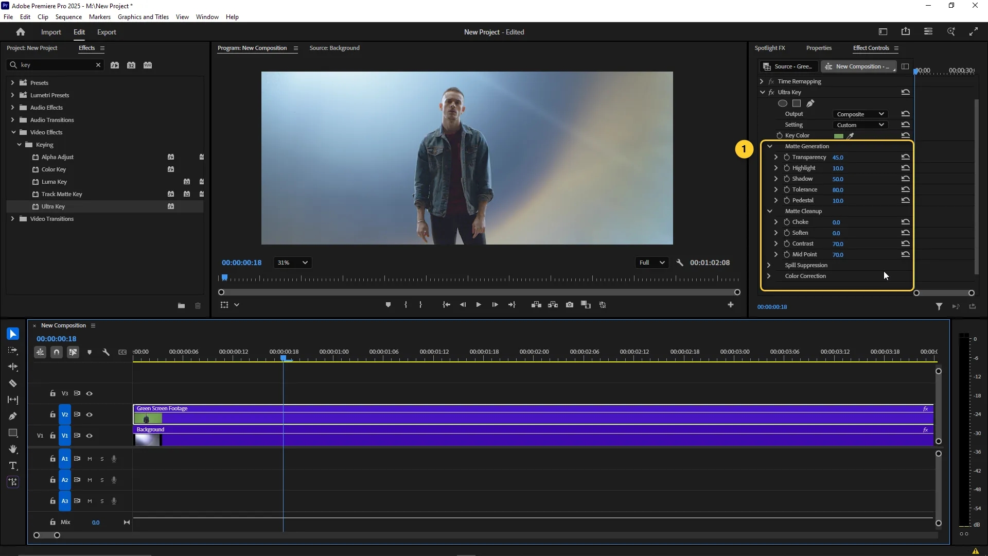The Effect Controls panel shows detailed Ultra Key settings under Matte Generation and Matte Cleanup, with the green screen successfully removed and the background visible behind the subject in the Program Monitor.