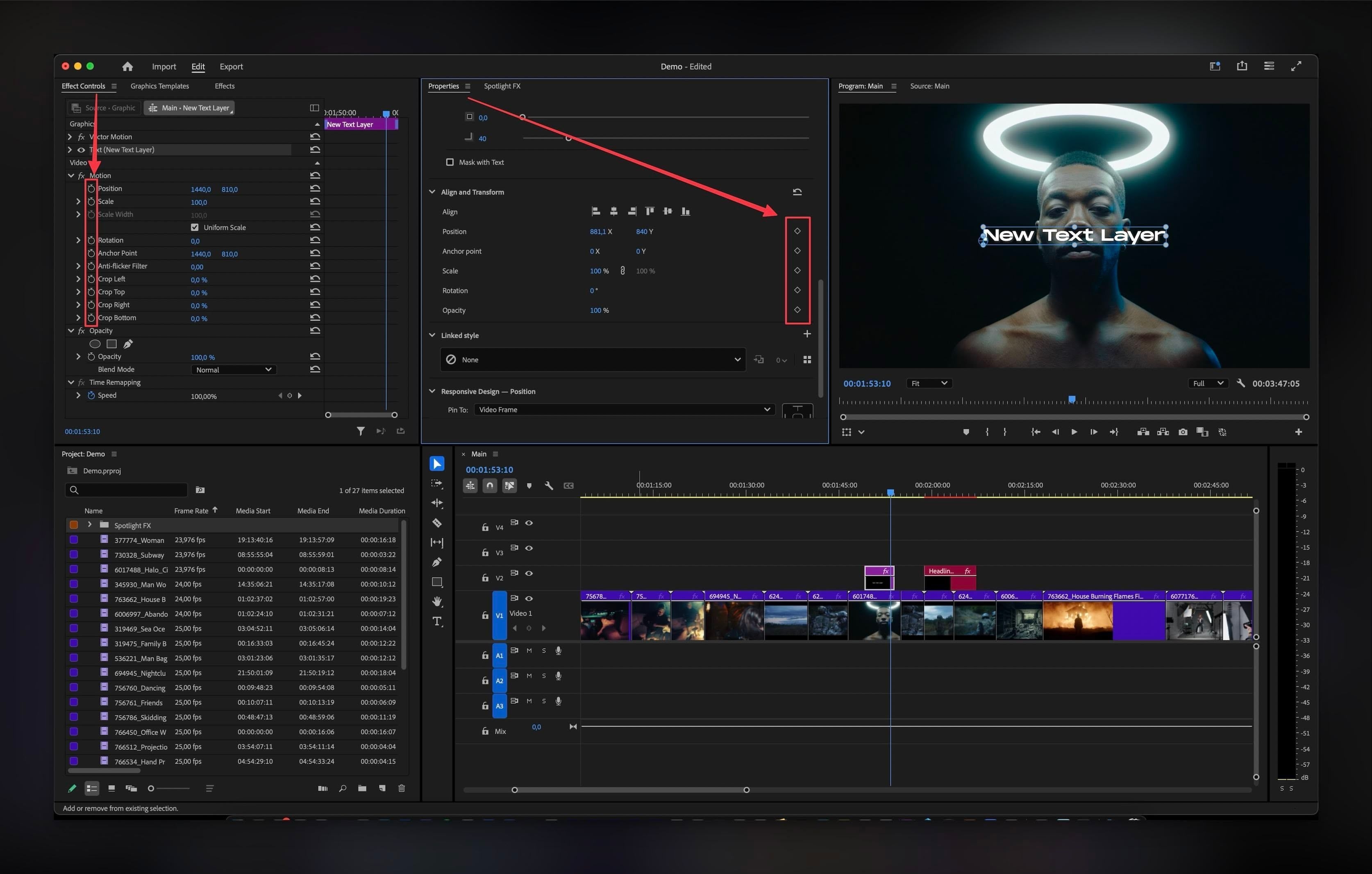 Adding keyframes using the Properties Panel or Effects Controls