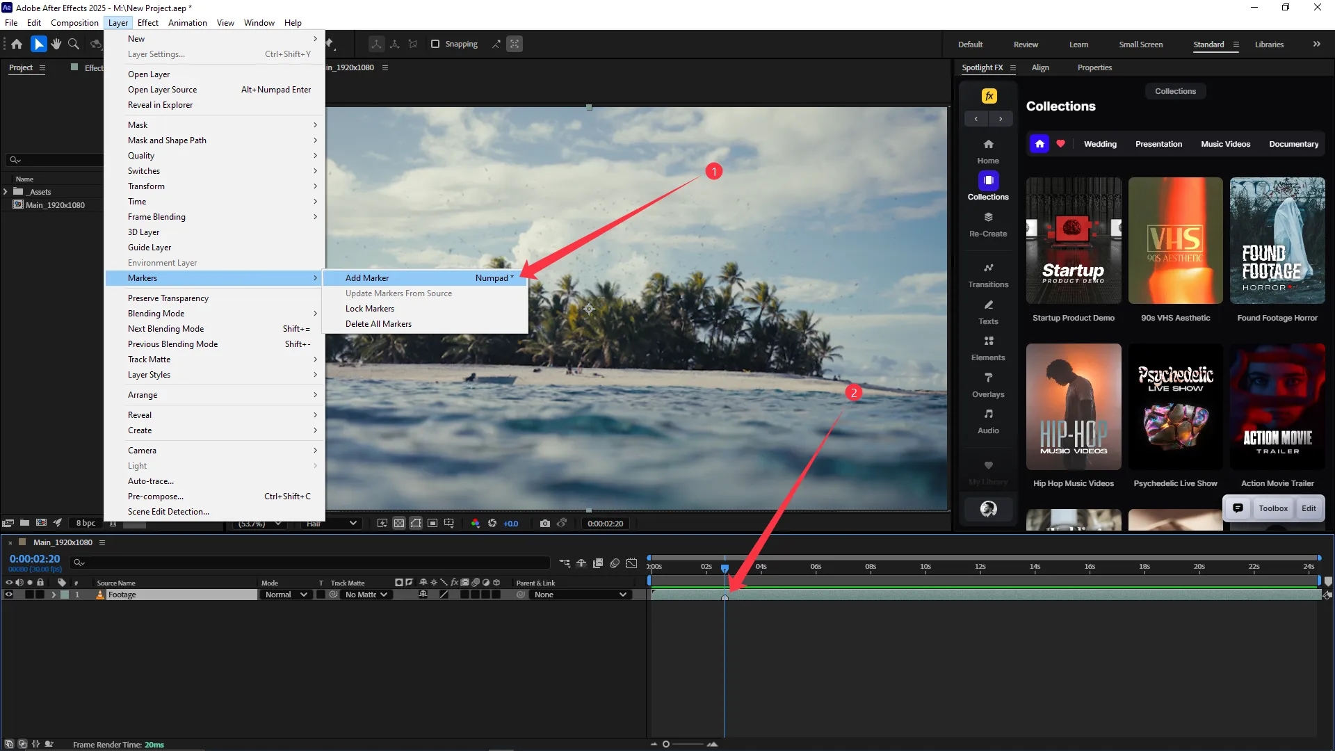 Layer menu expanded in Adobe After Effects with the Markers submenu visible and the Add Marker option highlighted, indicating how to add a marker at the current time.