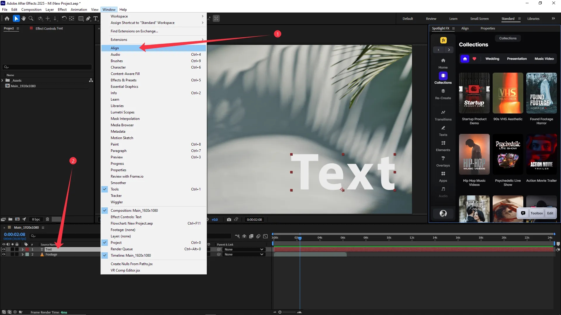 The Window dropdown menu is open in Adobe After Effects, with the "Align" option highlighted. A text layer named "Text" is selected in the timeline panel, and the composition preview shows the word "Text" over a blurred background.