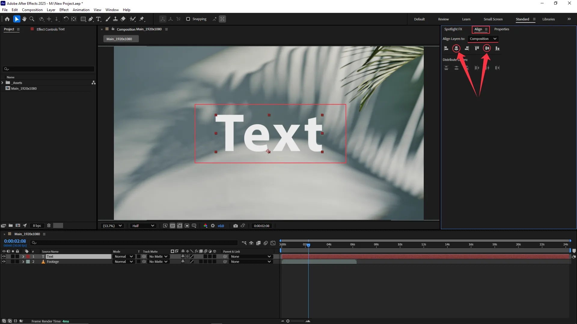 A text layer is selected in the composition panel of Adobe After Effects, with the Align panel active and the vertical and horizontal center alignment buttons highlighted.