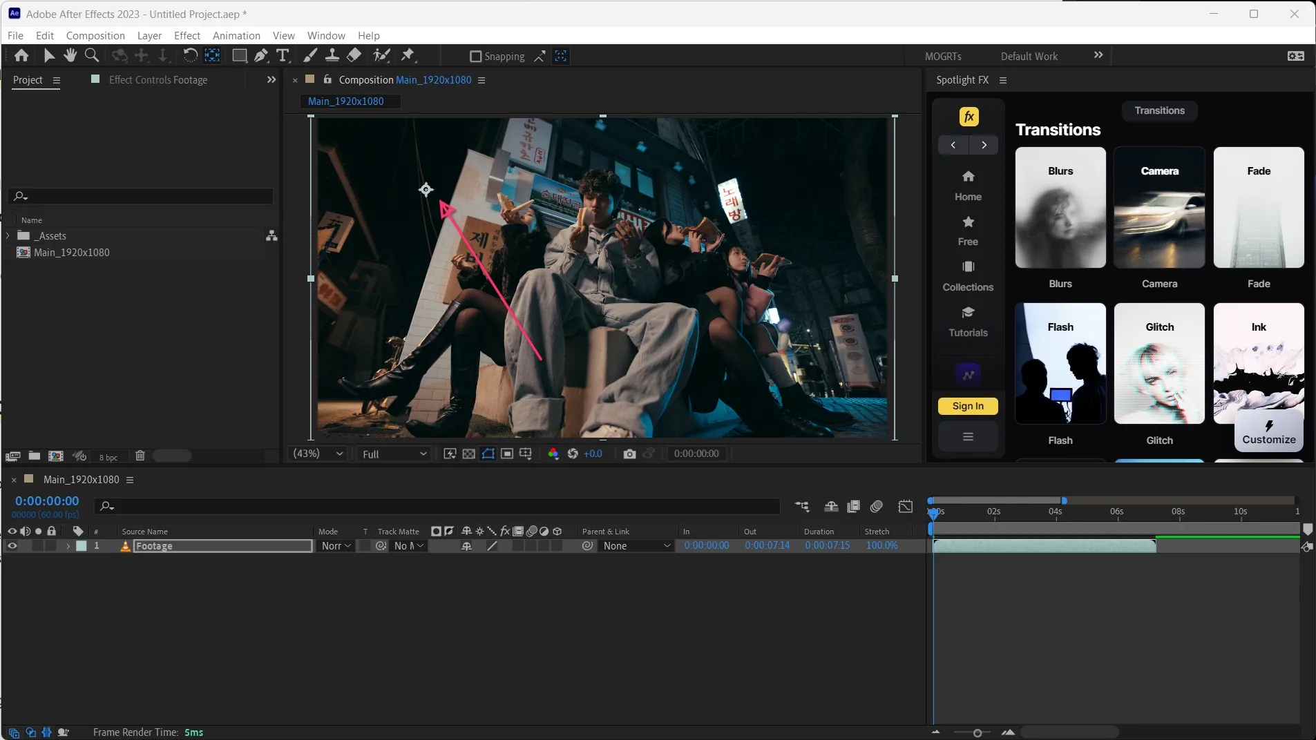 Adobe After Effects interface with the Pan Behind (Anchor Point) tool highlighted in the toolbar, indicating it is selected for adjusting the anchor point of the video layer.