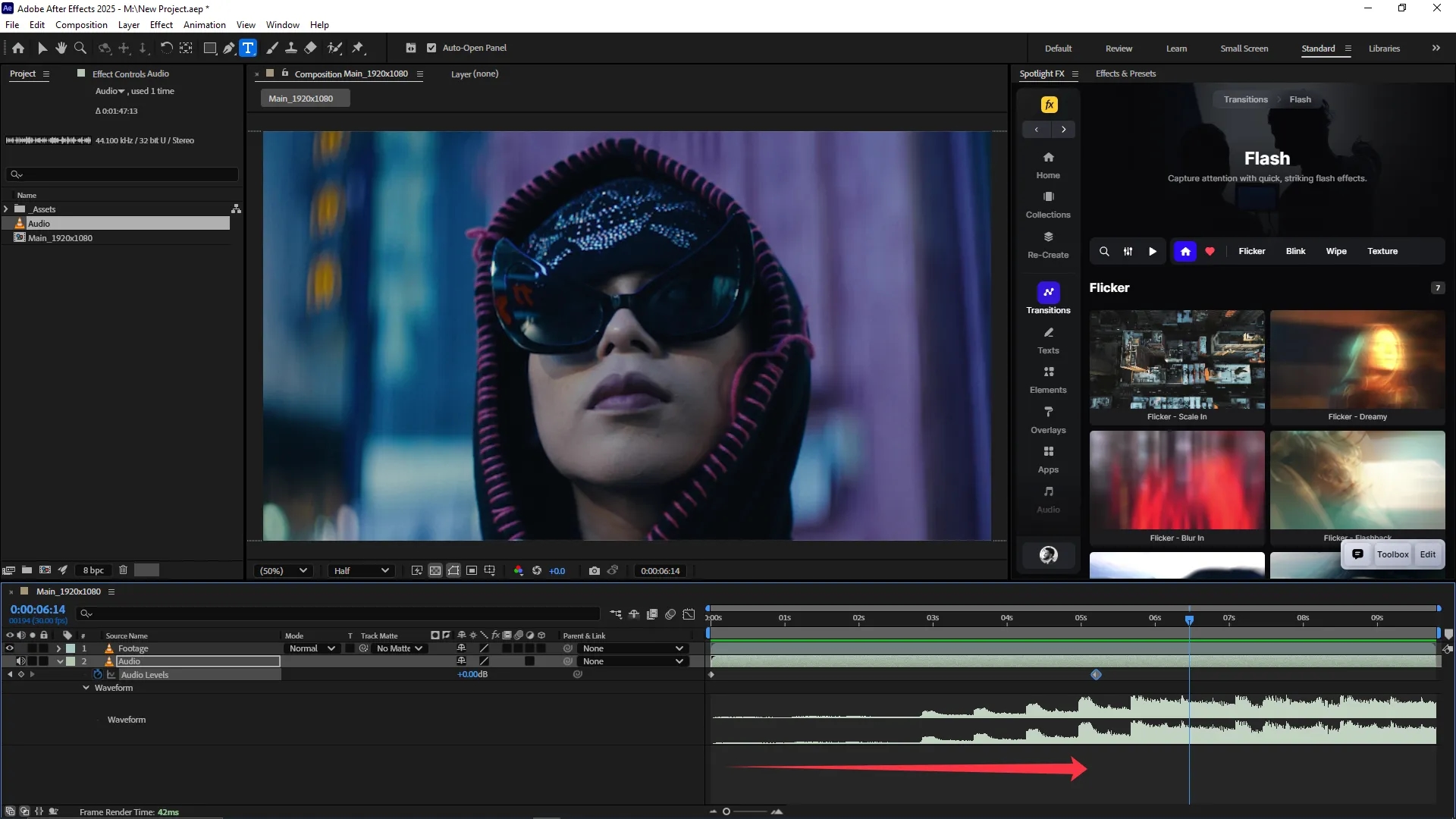 Adobe After Effects interface with a video composition open, showing a person wearing sunglasses. The timeline displays an expanded audio layer with a fade-in effect applied to the waveform at the beginning of the audio clip.