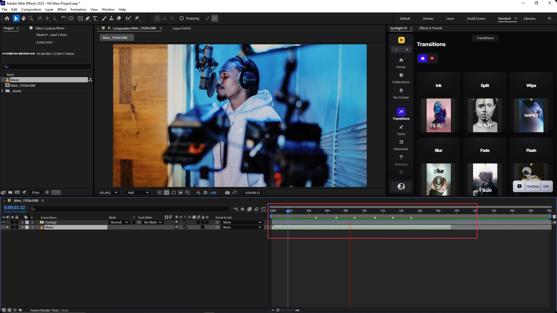 Adobe After Effects interface with the Timeline panel showing two layers, "Footage" and "Music," with multiple audio keyframes added to the Music layer and the playhead positioned around the 1-second mark