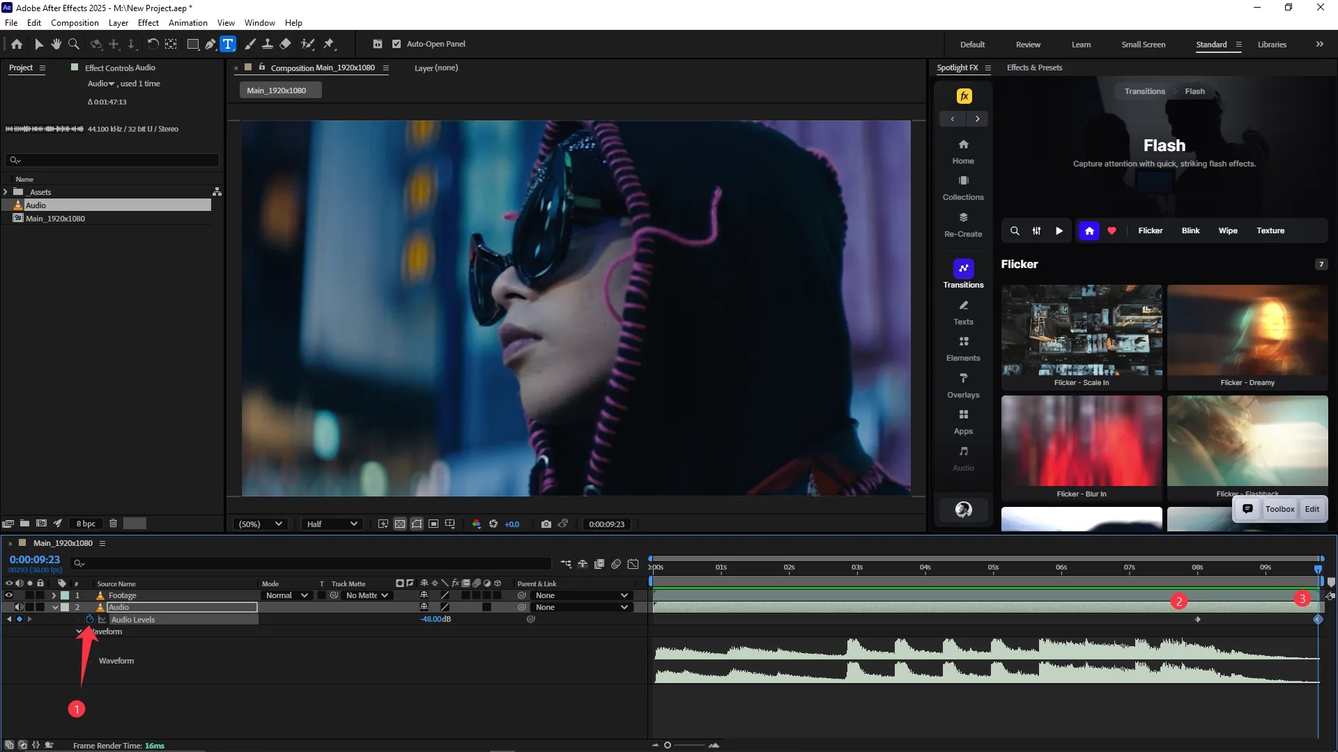 Adobe After Effects interface with a video composition open, showing a person in profile wearing sunglasses. The timeline displays an audio layer expanded to show audio levels set to -48.00 dB and the waveform below.