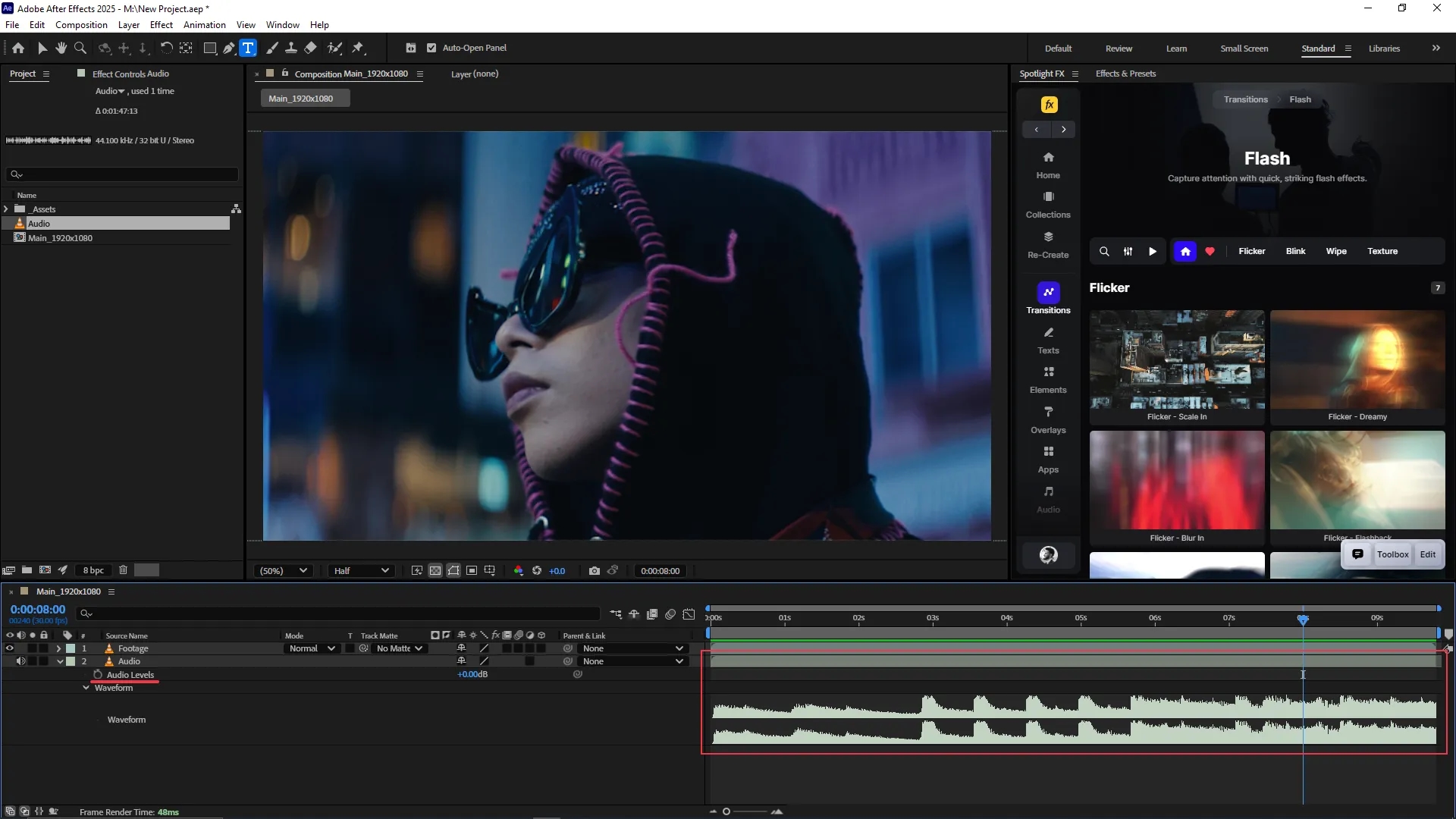 Adobe After Effects interface with a video composition open, showing a side profile of a person wearing sunglasses. The timeline displays two layers, with the audio layer expanded to reveal audio levels and waveform data.