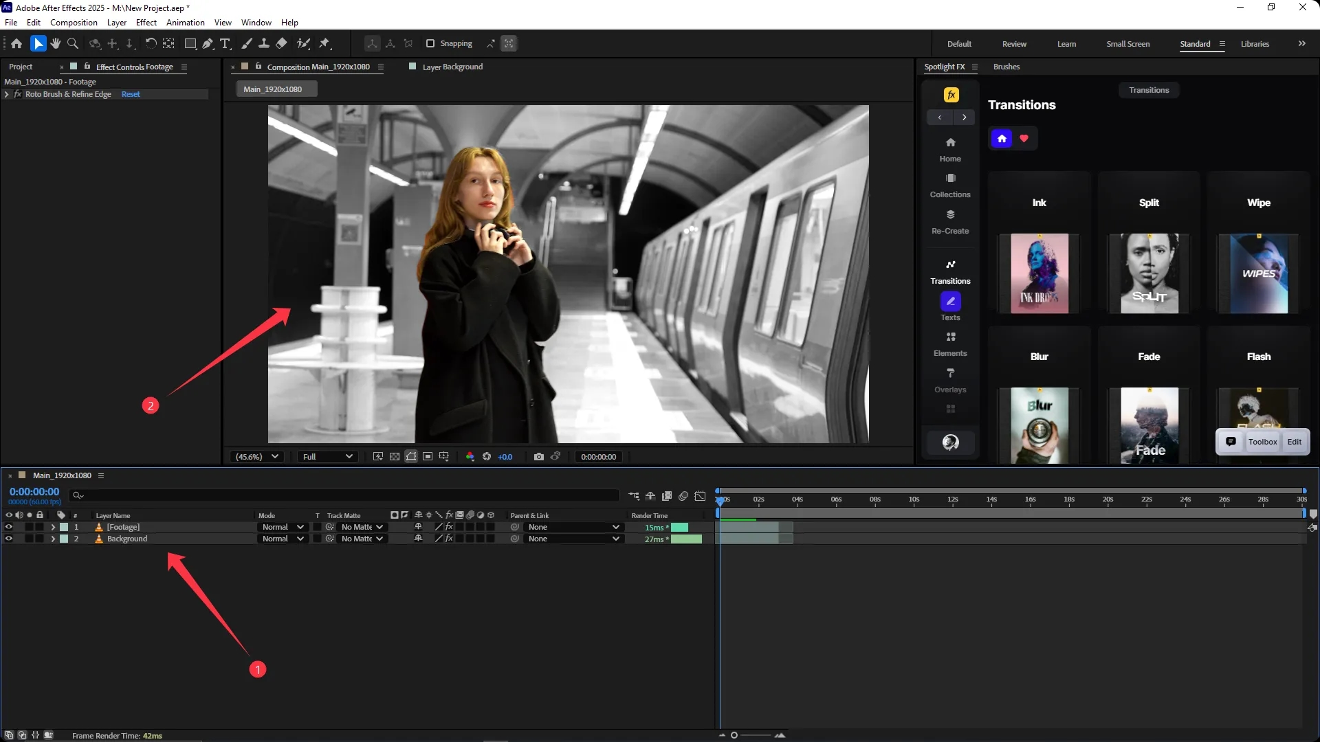 Adobe After Effects interface showing a composition with a woman in color over a black and white background, using two layers labeled "Footage" and "Background" in the timeline panel.