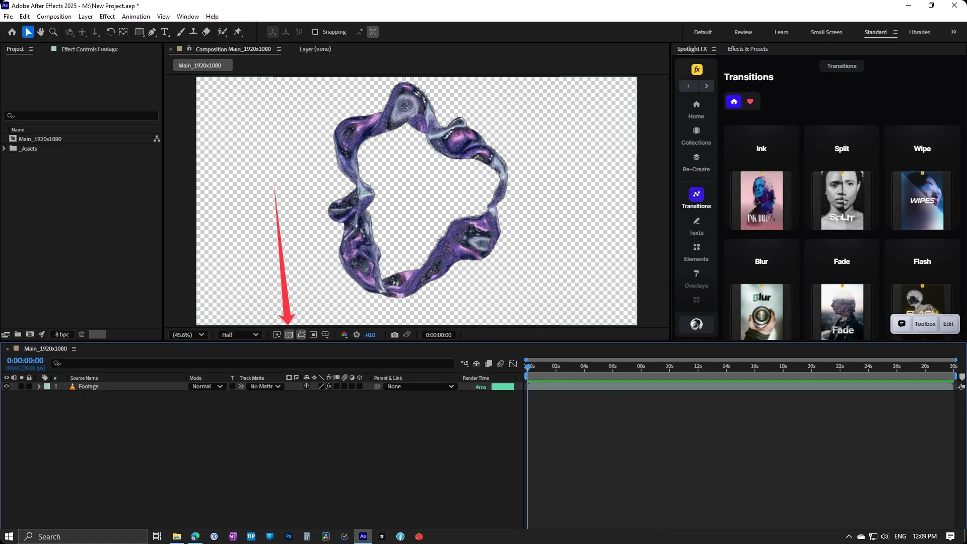 Adobe After Effects interface showing a composition with a transparent background and a single abstract purple ring shape in the preview panel, with one footage layer in the timeline.