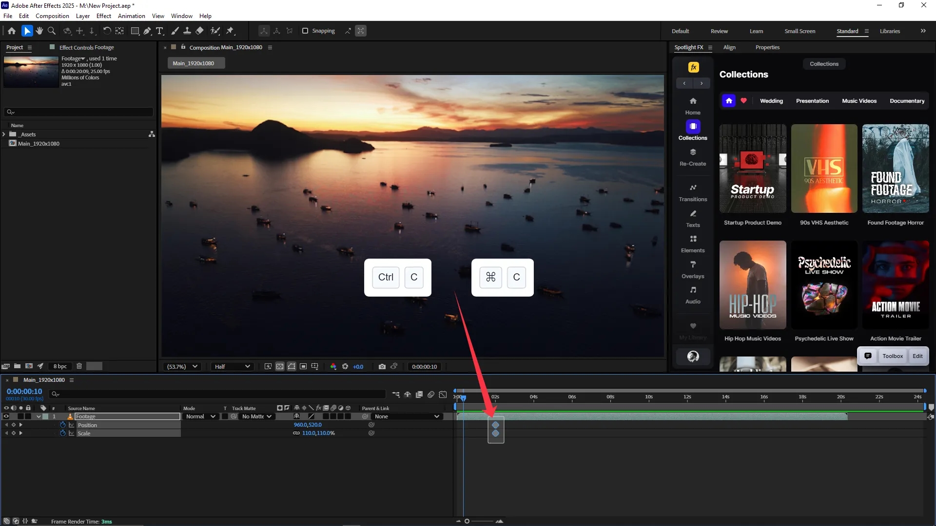 Adobe After Effects interface with keyframes for position and scale selected in the timeline and a red arrow pointing to the copy shortcut using Ctrl+C or Cmd+C.