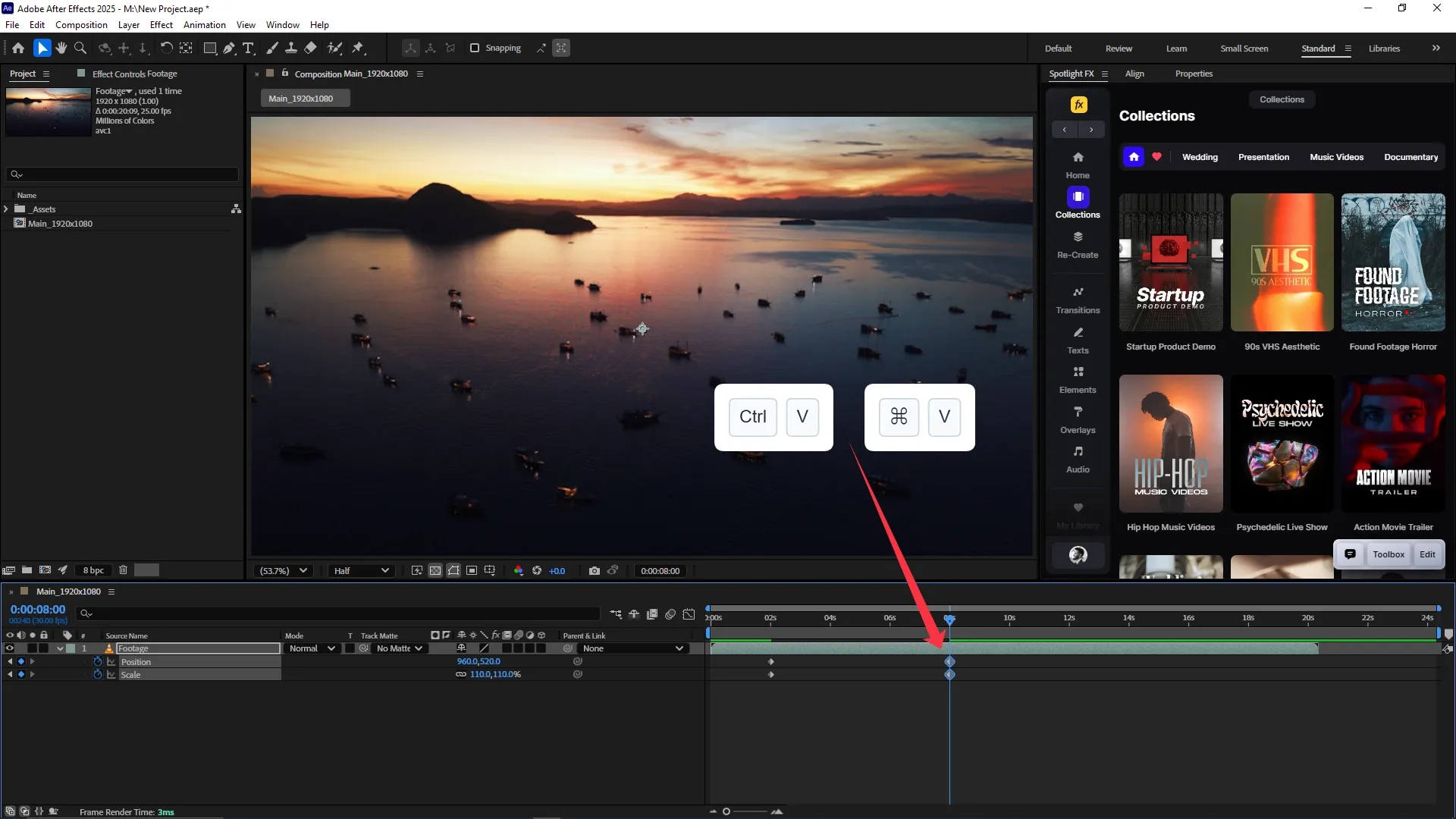 Adobe After Effects interface with keyframes for position and scale visible in the timeline and a red arrow pointing to the playhead position where keyframes are being pasted using Ctrl+V or Cmd+V.