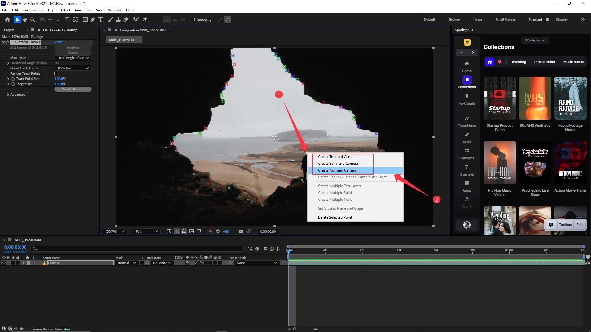 The After Effects interface showing 3D camera tracker points over a landscape scene, with a right-click context menu open and the "Create Null and Camera" option highlighted.