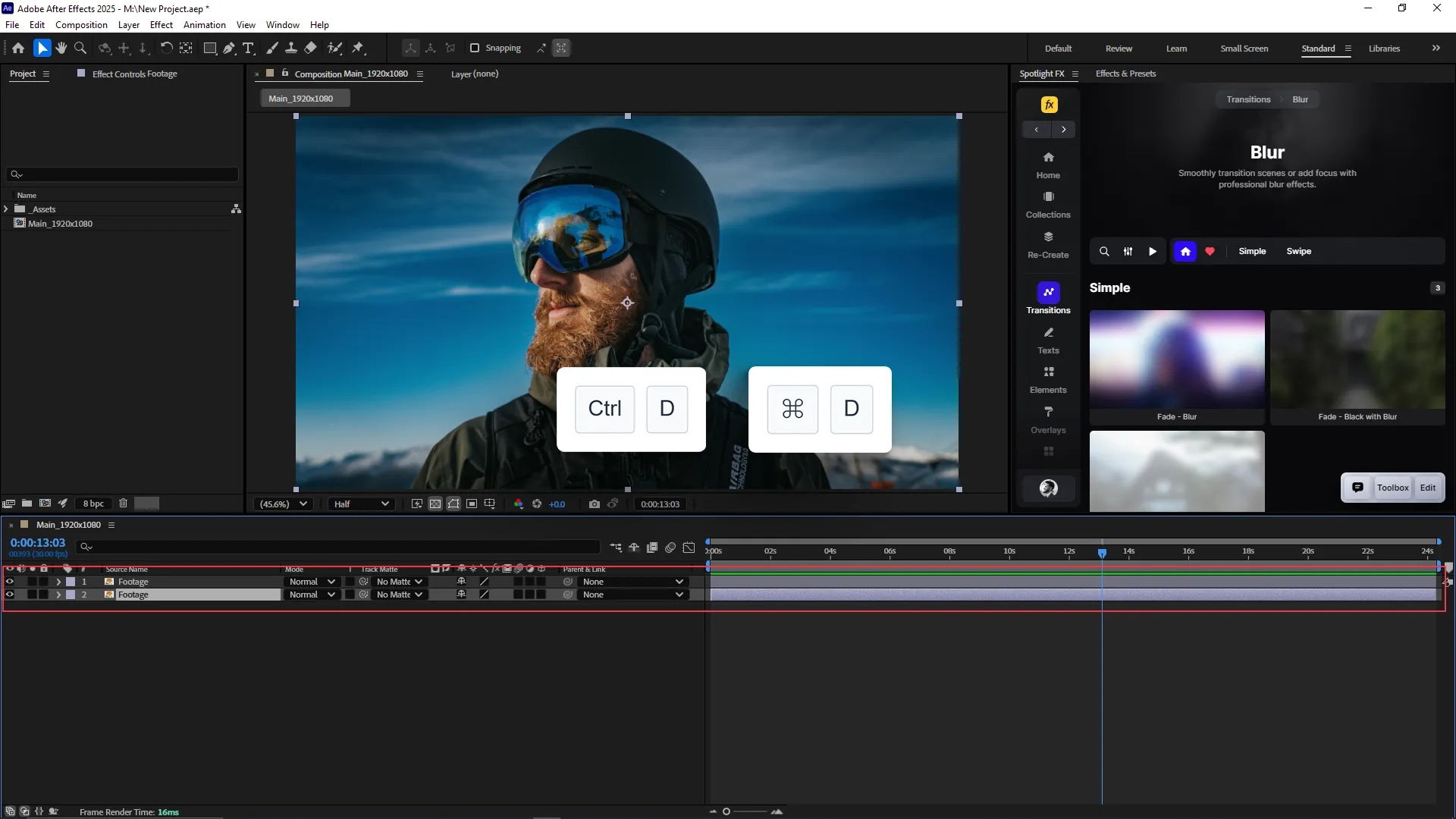 Two identical video layers labeled "Footage" are visible in the timeline panel of Adobe After Effects, indicating duplication using the Ctrl+D or Cmd+D shortcut.