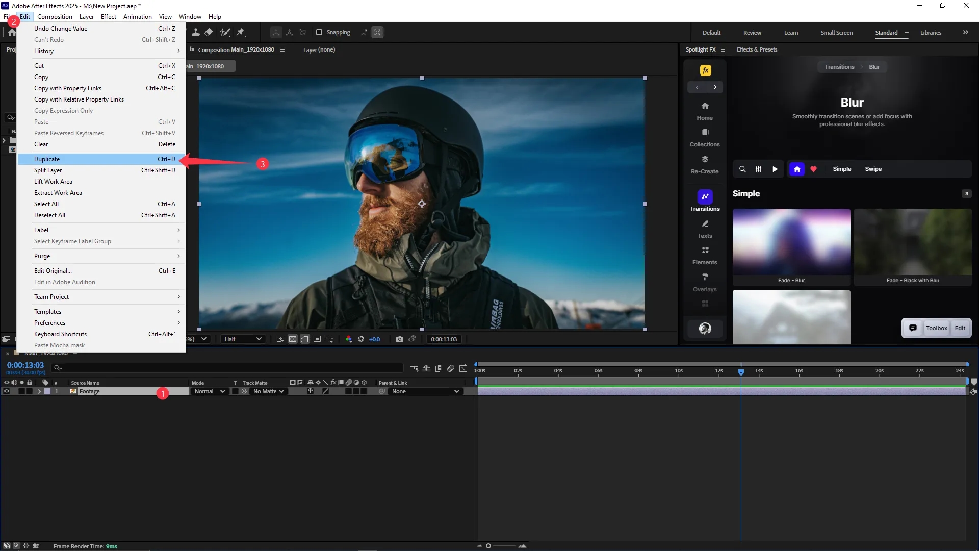 The Edit menu is open in Adobe After Effects with the Duplicate option highlighted, and a video layer is selected in the timeline panel at the bottom.