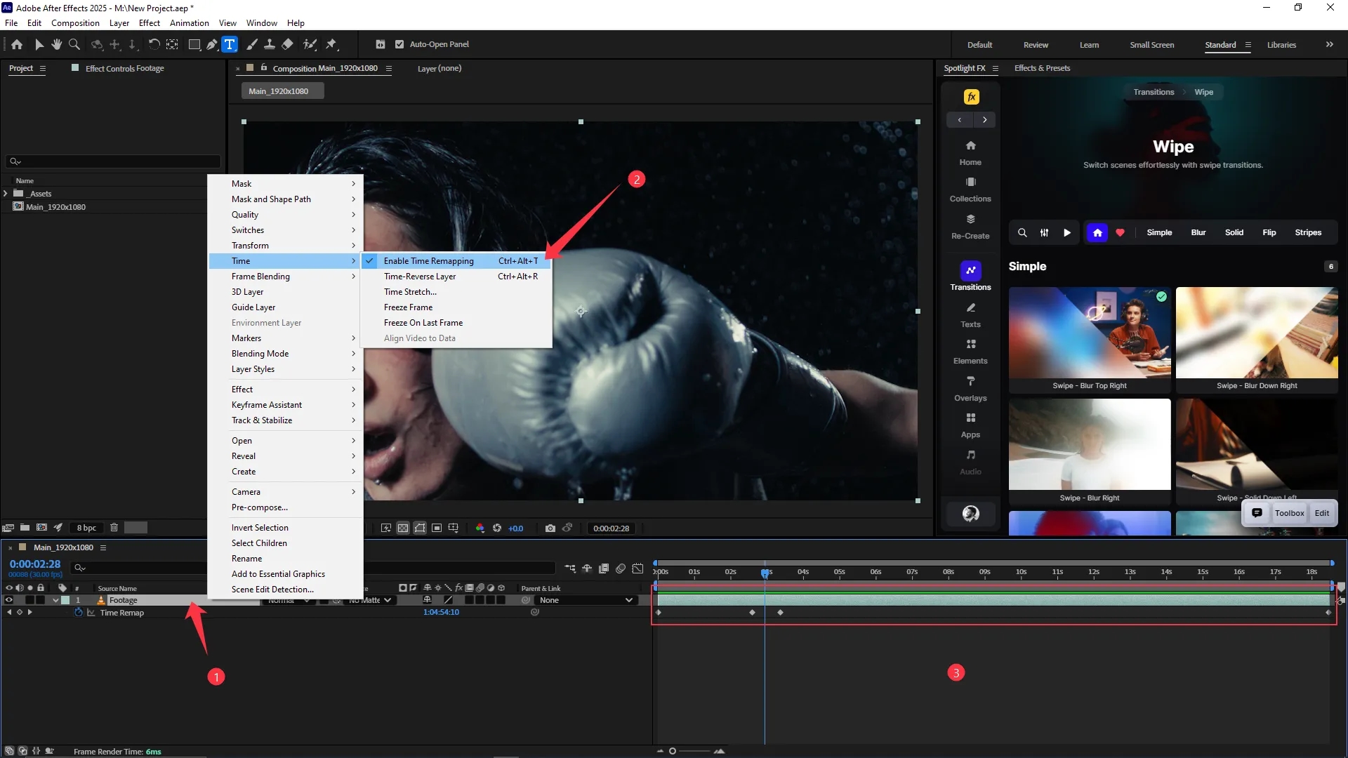 Enable Time Remapping selected from the Time menu under Layer with keyframes visible on the timeline for the selected video layer.