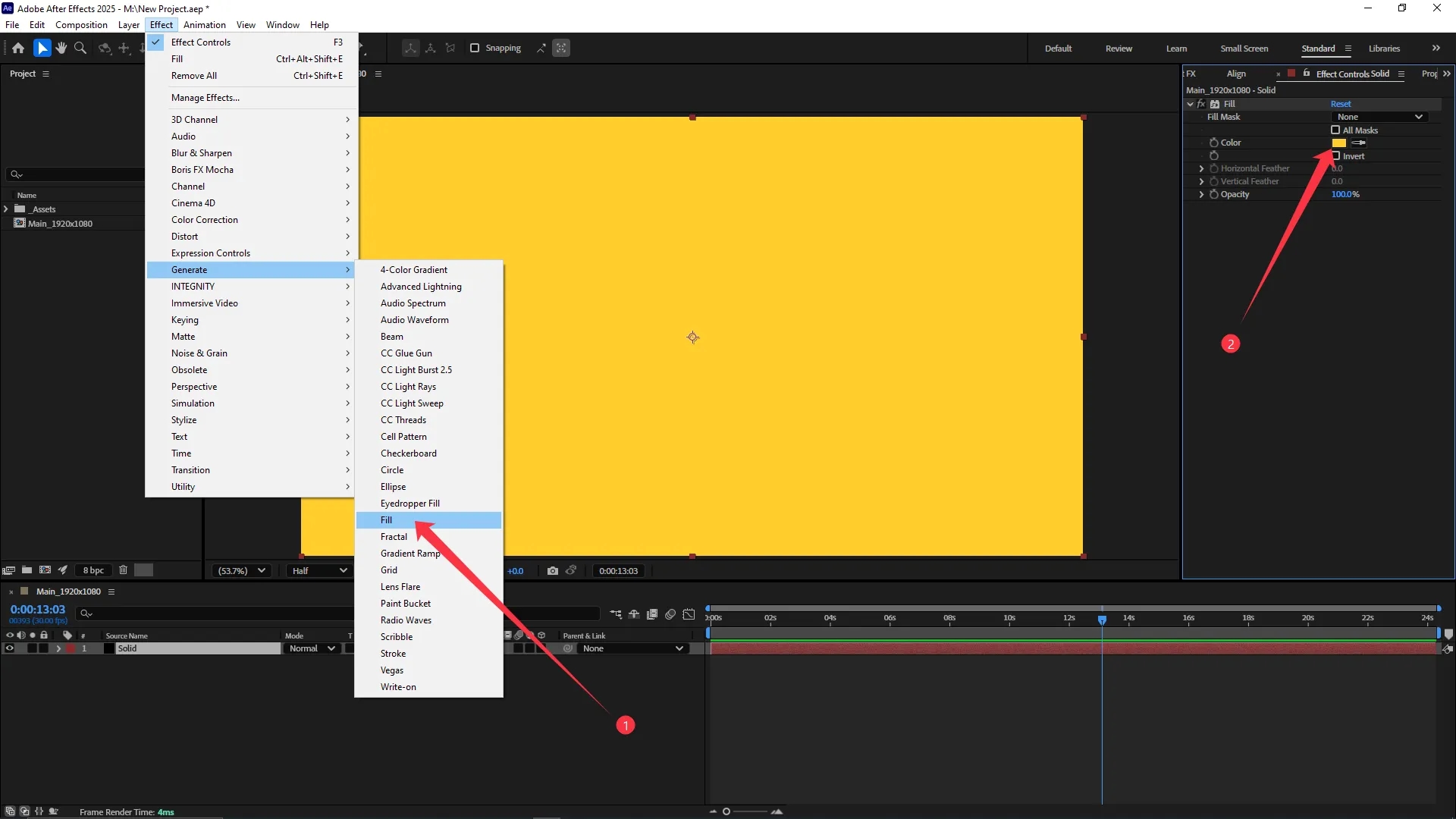 The Effect menu is expanded in Adobe After Effects with the Fill effect selected from the Generate submenu, and the Effect Controls panel shows the Fill effect applied to a solid layer with the color box highlighted.