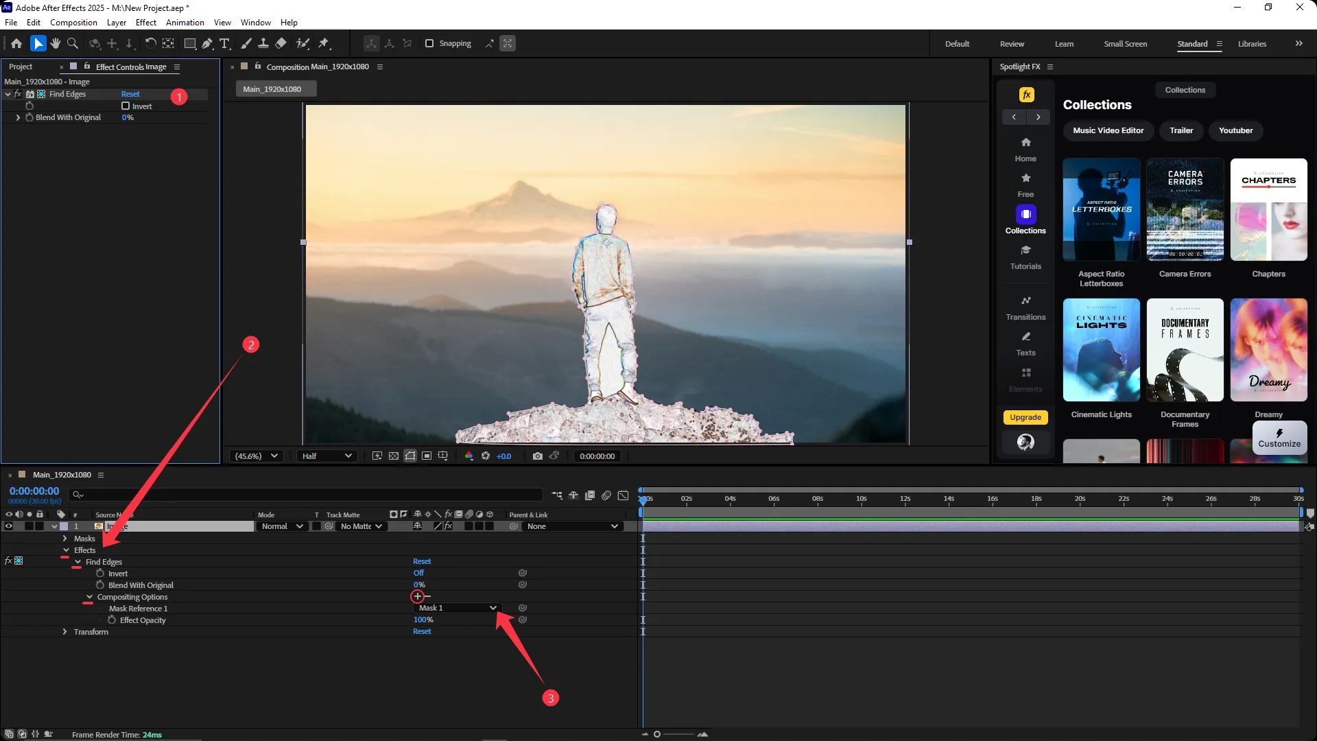Adobe After Effects interface with the Find Edges effect applied to an image layer, showing the effect controls panel on the left and the effect settings expanded in the timeline with Mask 1 selected as a reference.