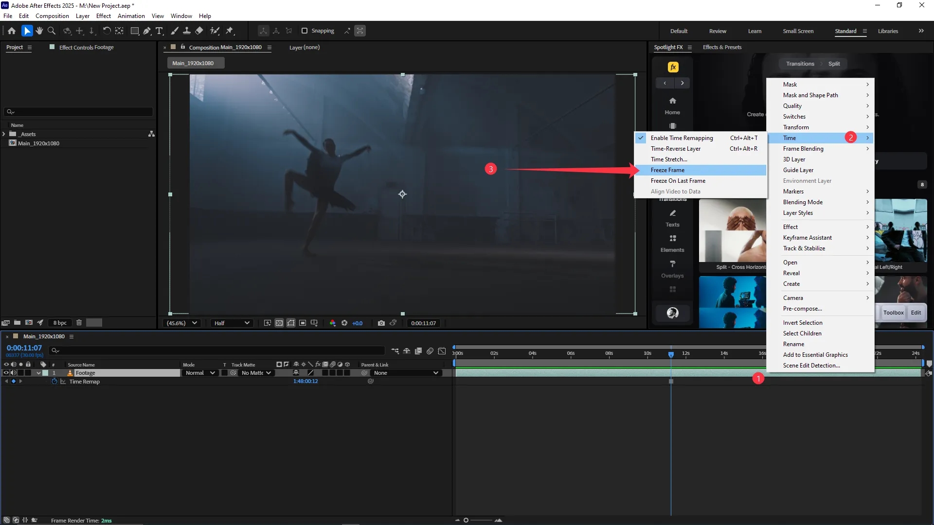 Adobe After Effects interface with a video layer selected, Time Remapping enabled, and the Freeze Frame option highlighted under the Time submenu in the Layer dropdown.