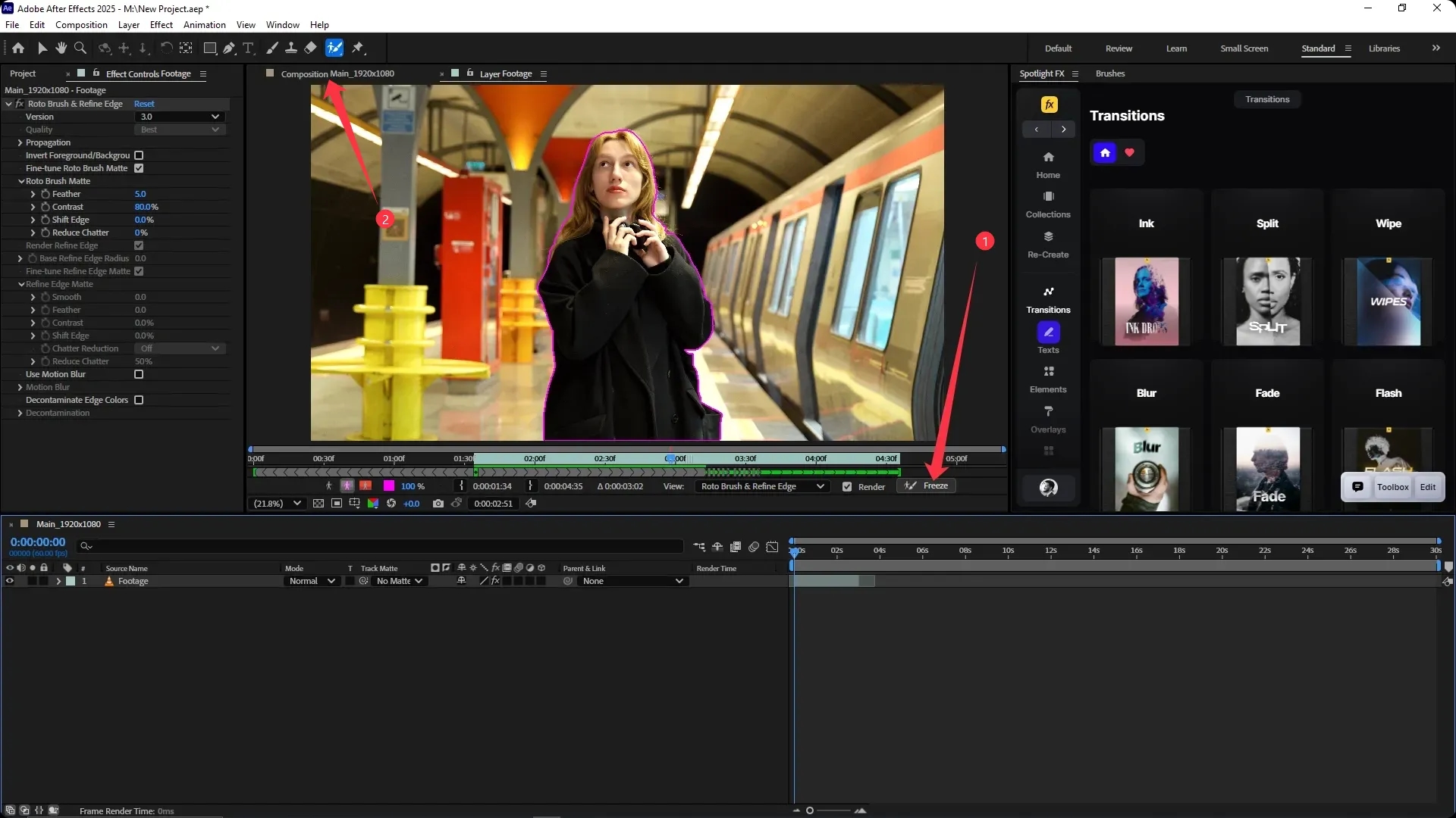 Adobe After Effects interface with the Roto Brush & Refine Edge effect applied, showing a magenta outline around a woman in a subway scene and the Freeze button highlighted in the lower right of the composition panel.