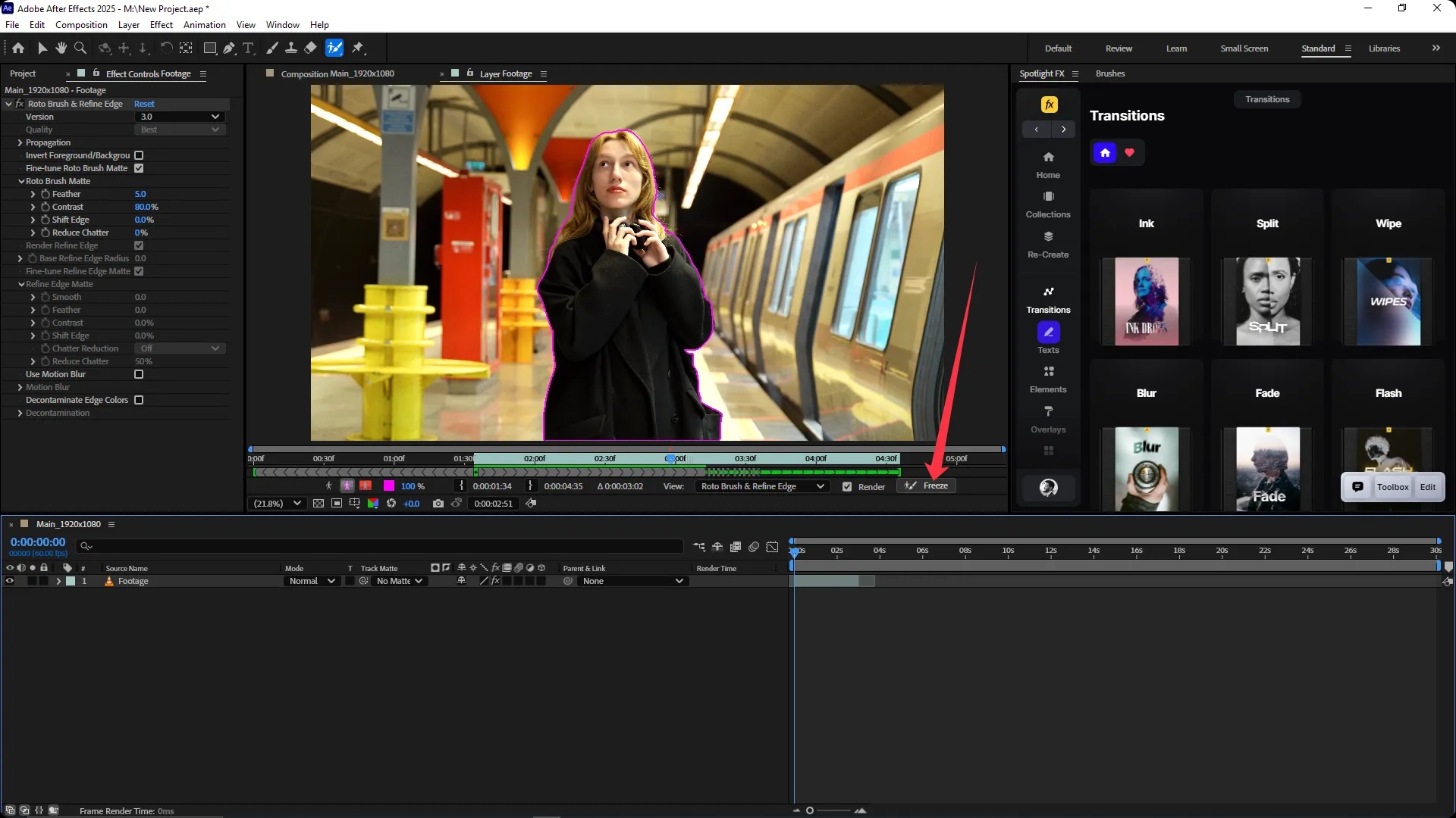 Adobe After Effects interface with the Roto Brush & Refine Edge effect applied, showing a magenta outline around a woman in a subway scene and the Freeze button highlighted in the lower right of the composition panel.