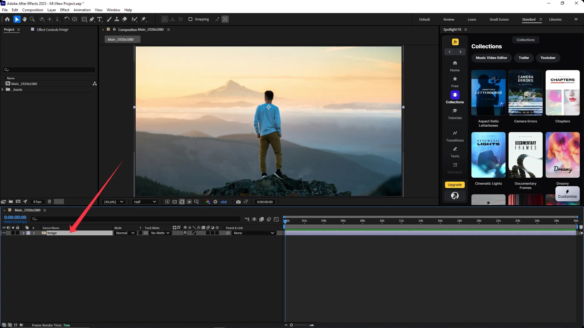 Adobe After Effects interface showing a composition named "Main_1920x1080" with an image layer selected in the timeline and a preview of a person standing on a mountain displayed in the composition panel.