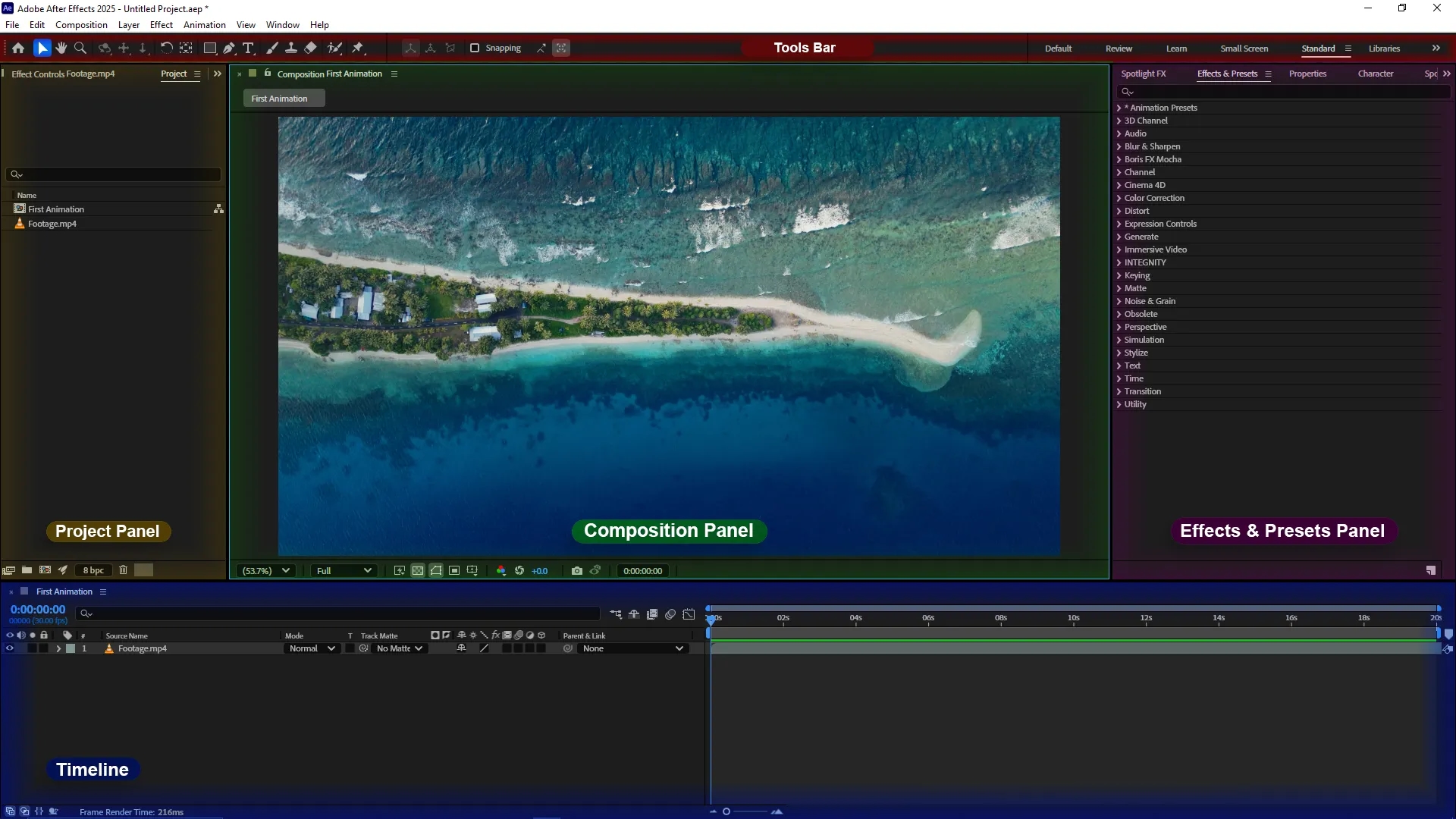 After Effects interface with labeled panels including Project panel, Tools bar, Composition panel, Timeline, and Effects & Presets panel