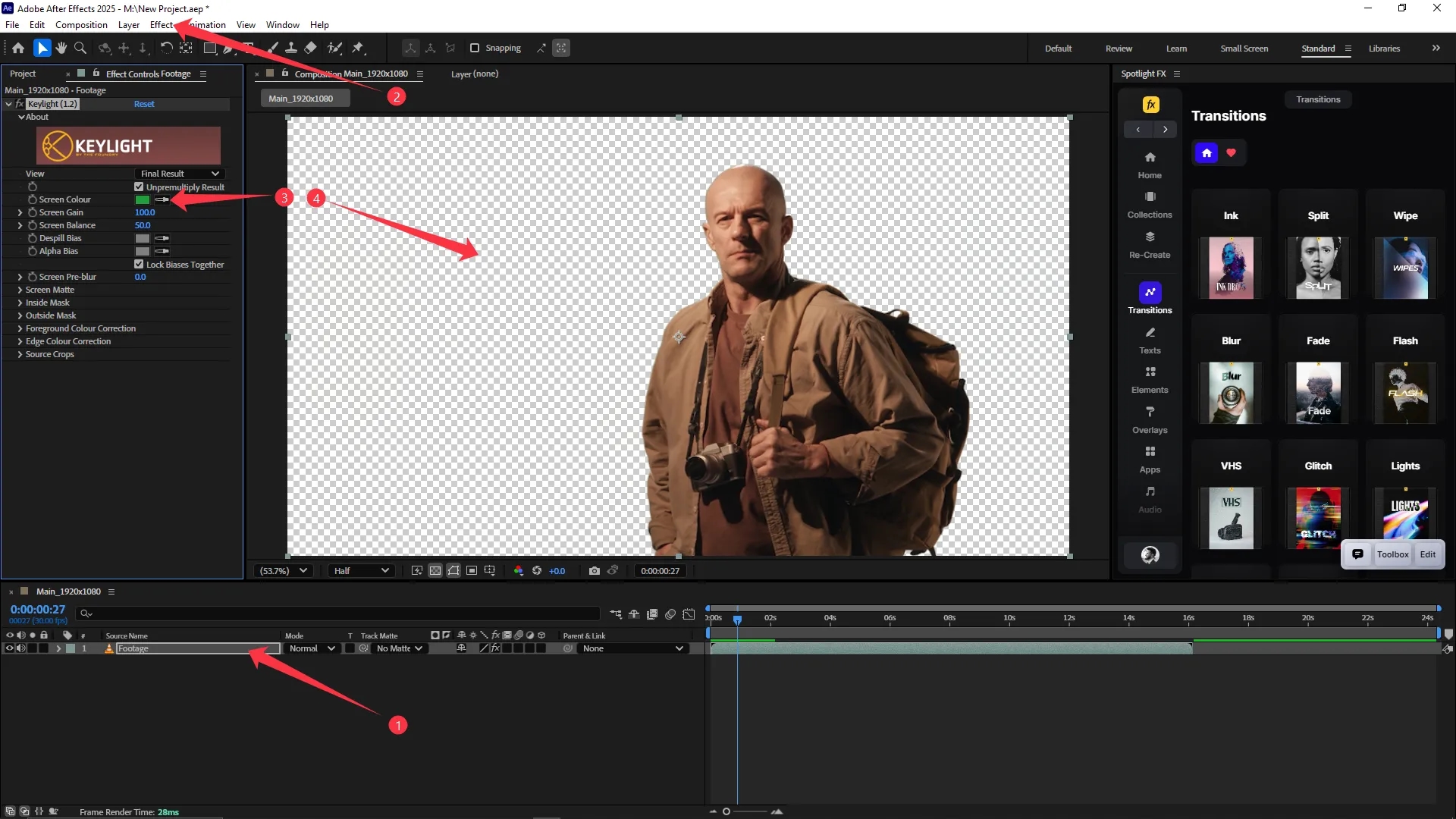 Adobe After Effects interface showing a composition with a keyed-out subject using the Keylight effect, timeline with one footage layer, and the Effect Controls panel displaying Keylight settings.