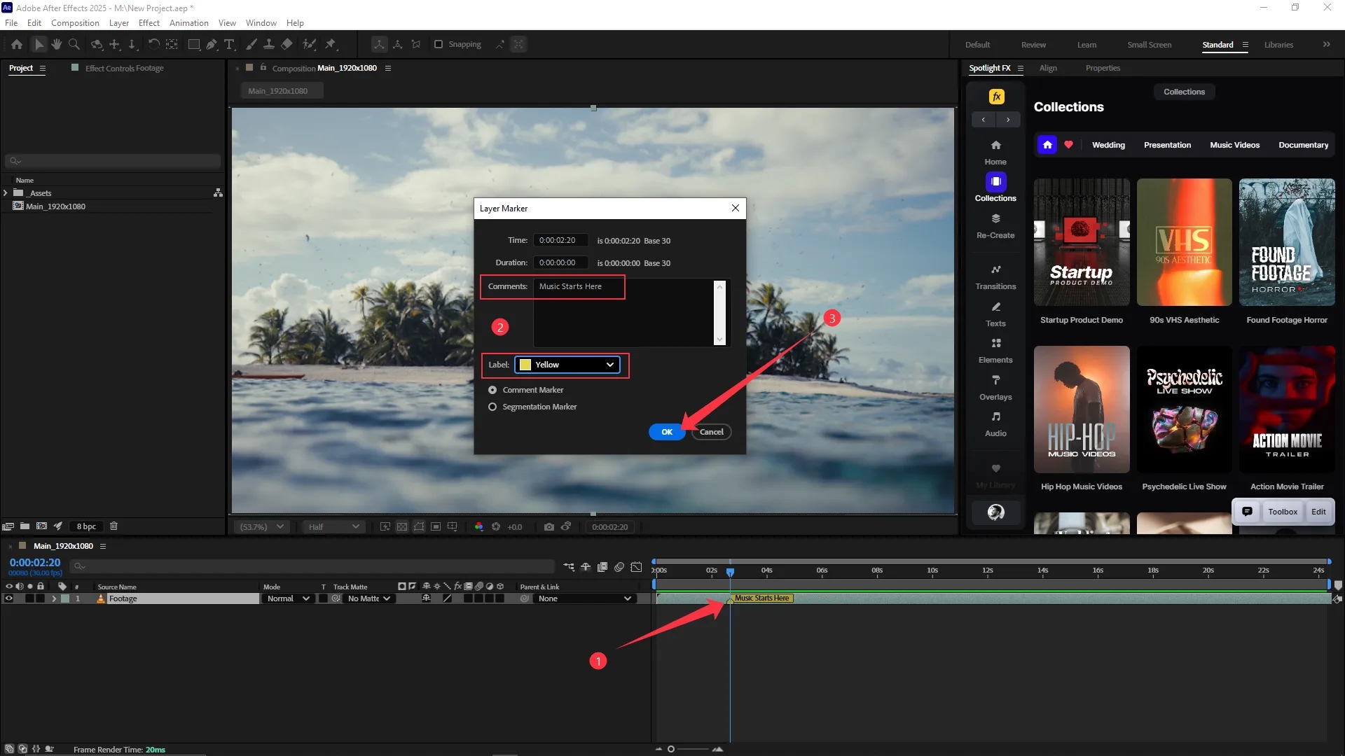 Layer Marker window in Adobe After Effects with a comment field filled in, label color set to yellow, and a marker labeled "Music Starts Here" visible on the timeline at 2 seconds and 20 frames.