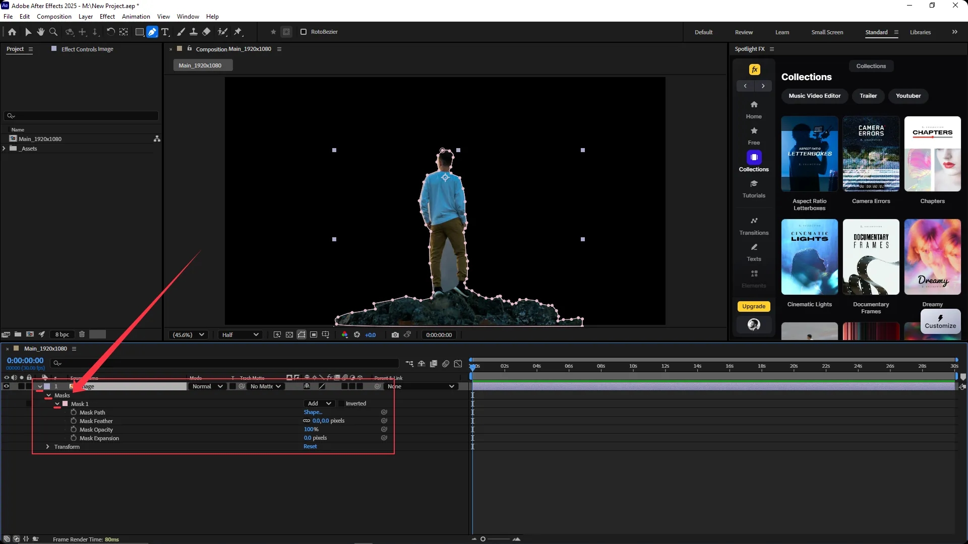 Adobe After Effects interface showing the Mask 1 properties expanded in the timeline panel with settings for Mask Path, Feather, Opacity, and Expansion visible for a masked image layer.