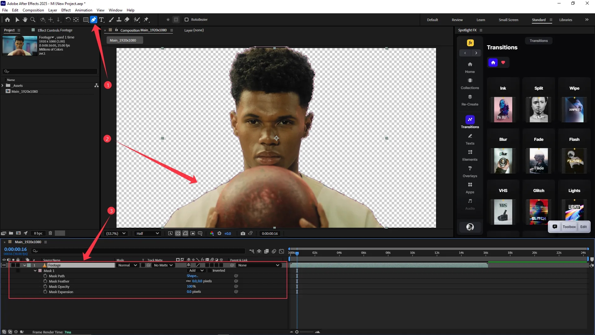 Adobe After Effects interface with a masked subject in the composition panel, the Pen tool selected in the toolbar, and the timeline showing Mask 1 properties expanded for the footage layer.