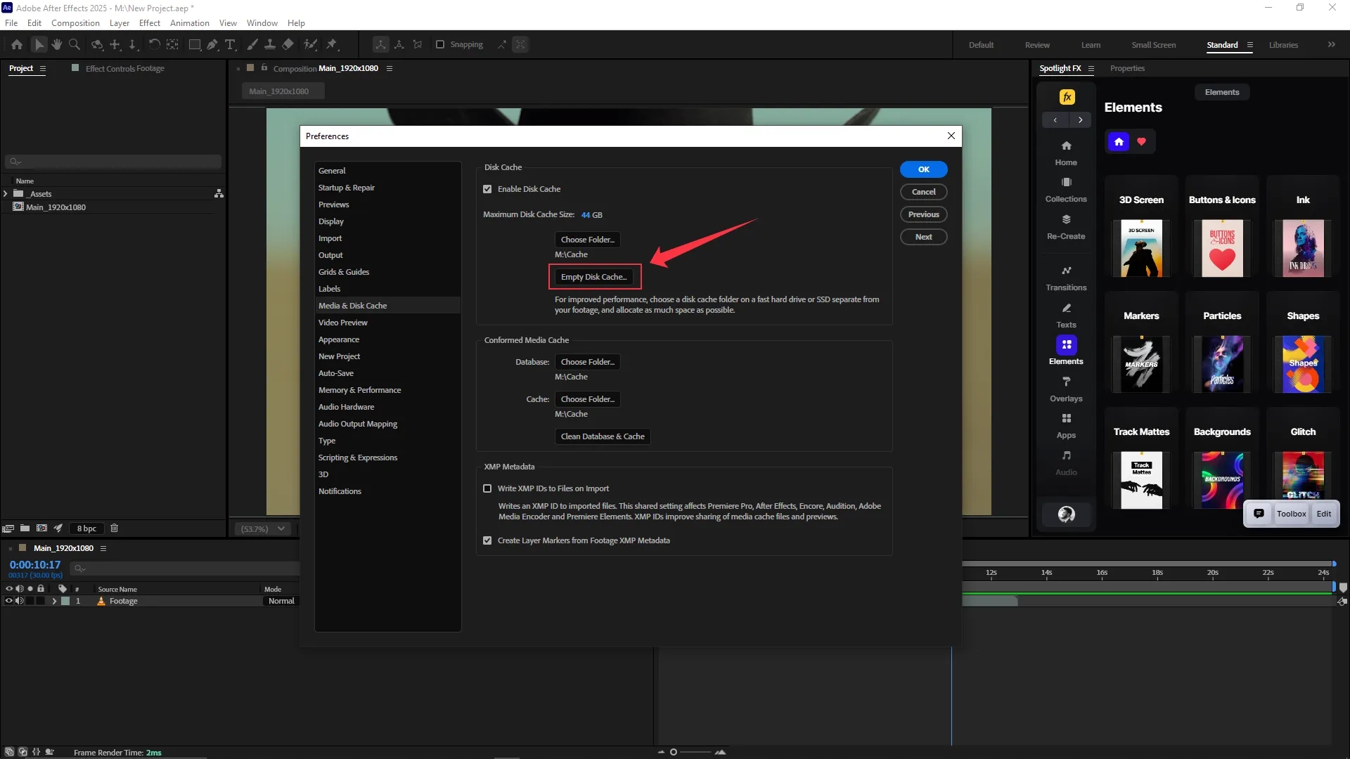 Preferences window in Adobe After Effects open to the Media & Disk Cache section with the "Empty Disk Cache" button highlighted, showing options to choose cache folders and set maximum disk cache size.