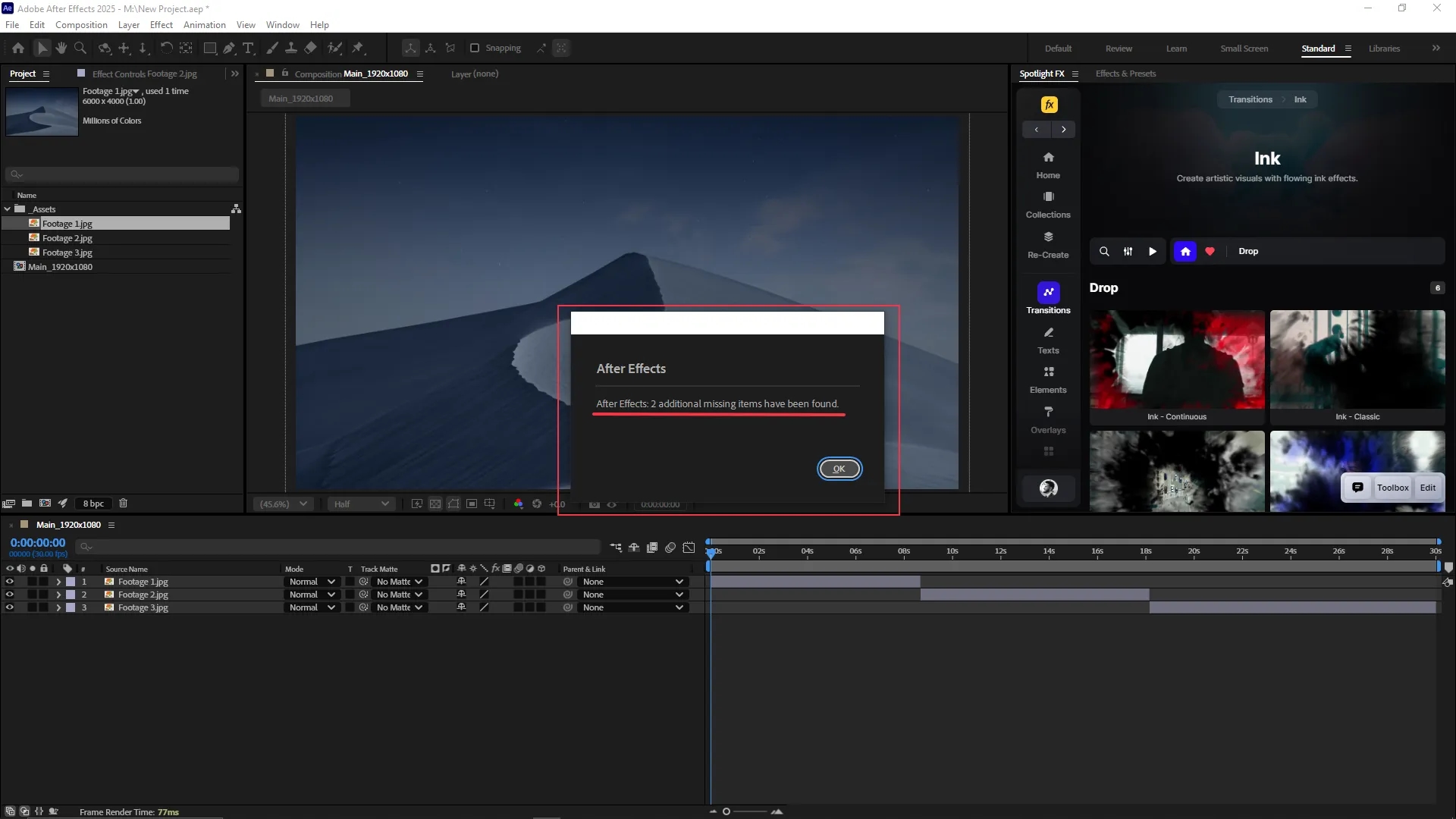 Adobe After Effects interface with a confirmation dialog stating that two additional missing items have been found, the Project panel shows all three image files restored under the Assets folder, and the timeline displays them across three layers.