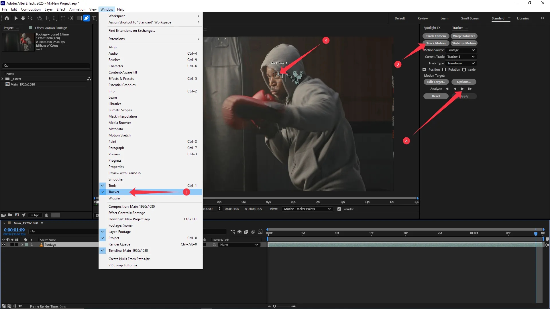 The After Effects interface with the Tracker panel open, showing a video clip in the Composition panel with a motion tracking point applied to a boxer's face. The Window menu is expanded with the Tracker option highlighted, and the Track Motion button is selected in the Tracker panel.