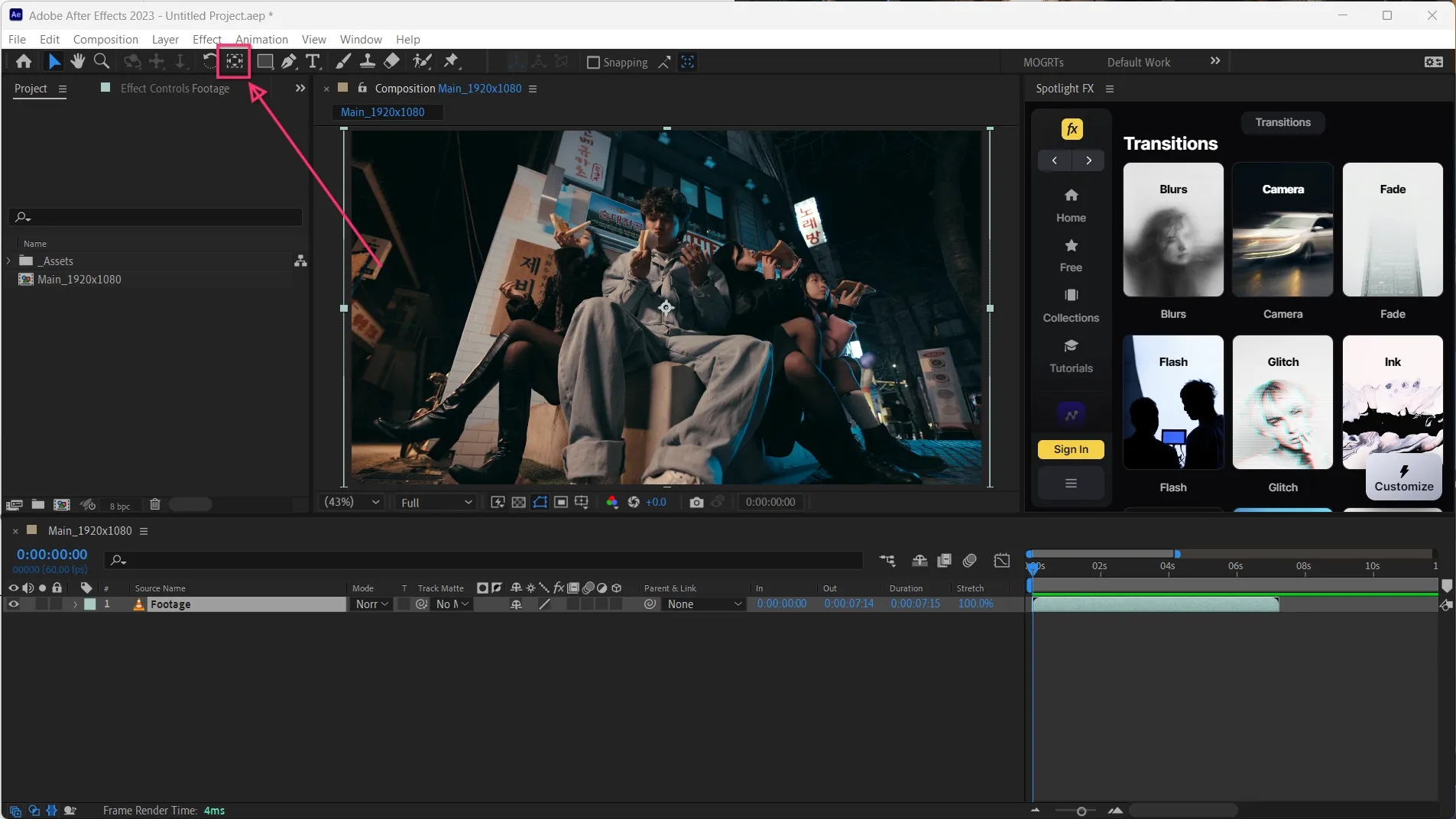 Adobe After Effects interface showing a composition with a video clip selected and the Anchor Point tool activated from the top toolbar.