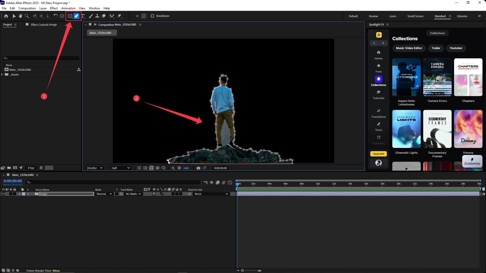 Adobe After Effects interface with the Pen tool selected and a subject partially outlined in the composition panel using the Pen tool for background removal.