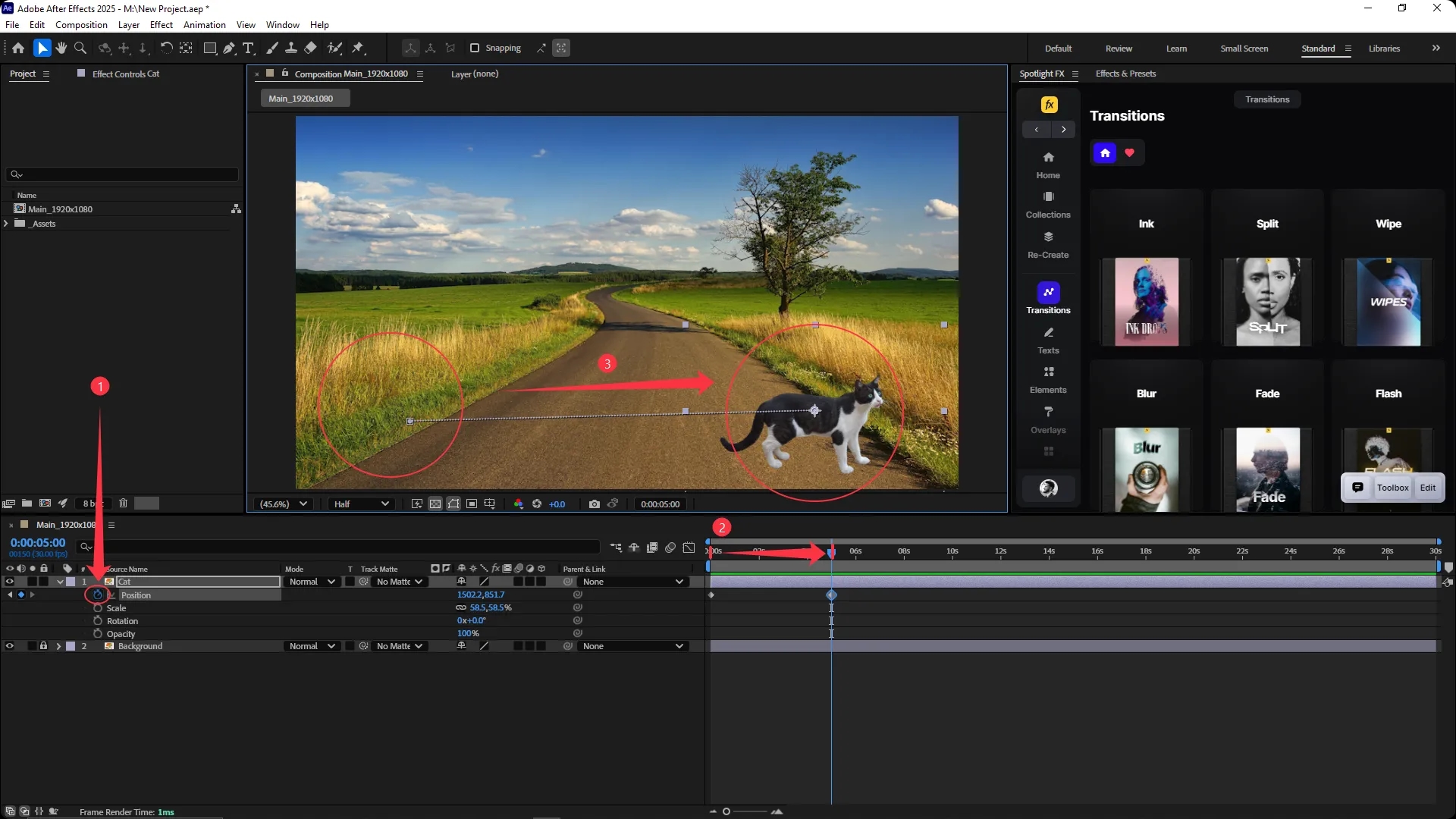 Adobe After Effects interface with the timeline showing a position keyframe animation for a cat image layer, with the cat moving from left to right across a road background.